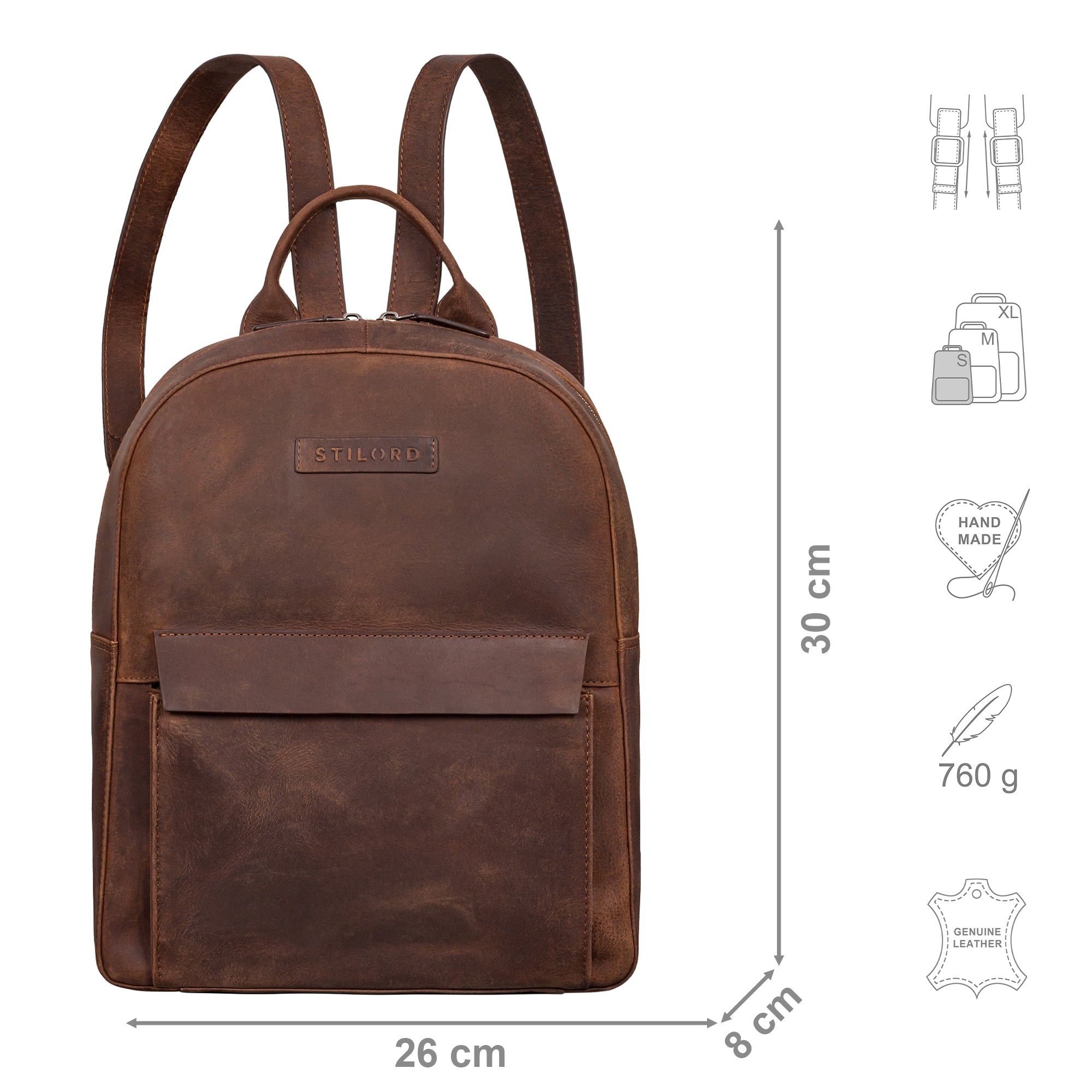Rucksack Damen Leder Braun aus der Frontalperspektive mit zusätzlichen Icons