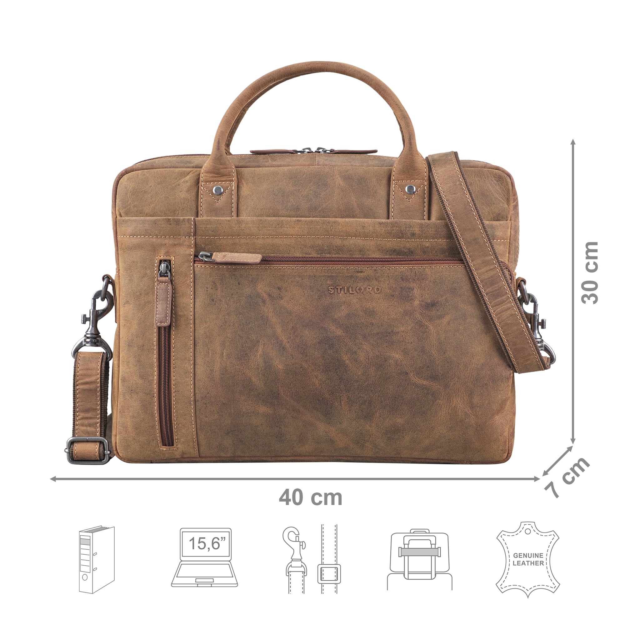 Laptoptasche Leder braun mit Größenangaben und USP Icons