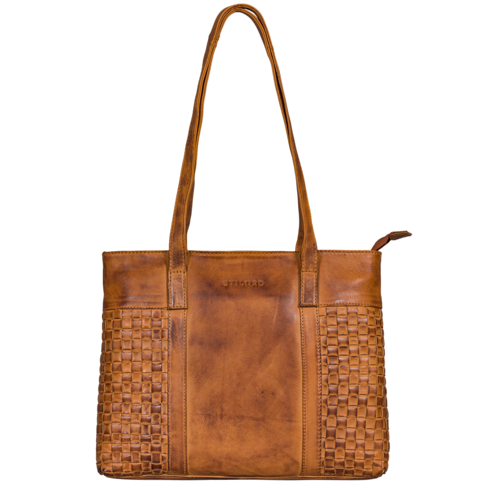 Vintage Lederhandtasche Damen Echtleder geflochten mit langen Henkeln Braun Cognac