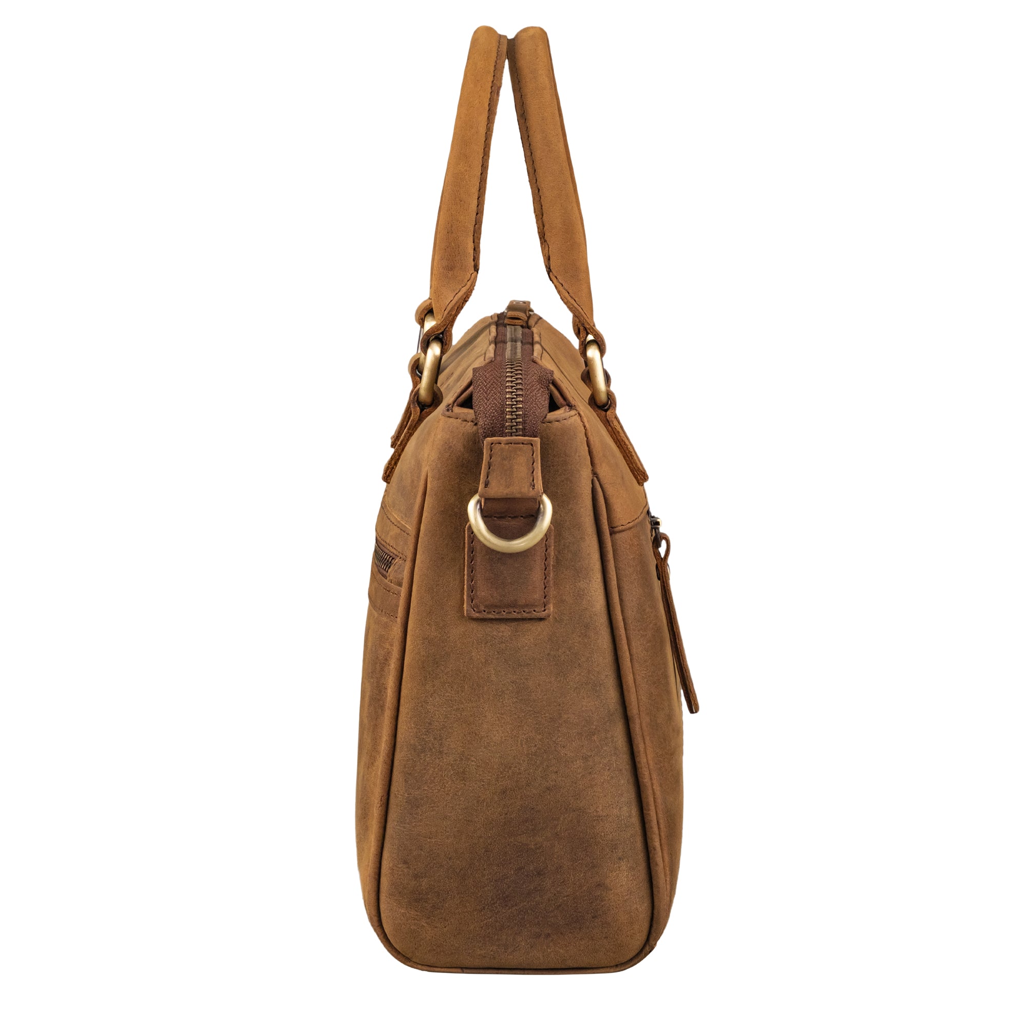 Leder Henkeltasche Damen braun aus der seitlichen Perspektive