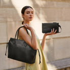 Große Shopper Tasche Damen Leder schwarz mit zusätzlicher Mini Ledertasche