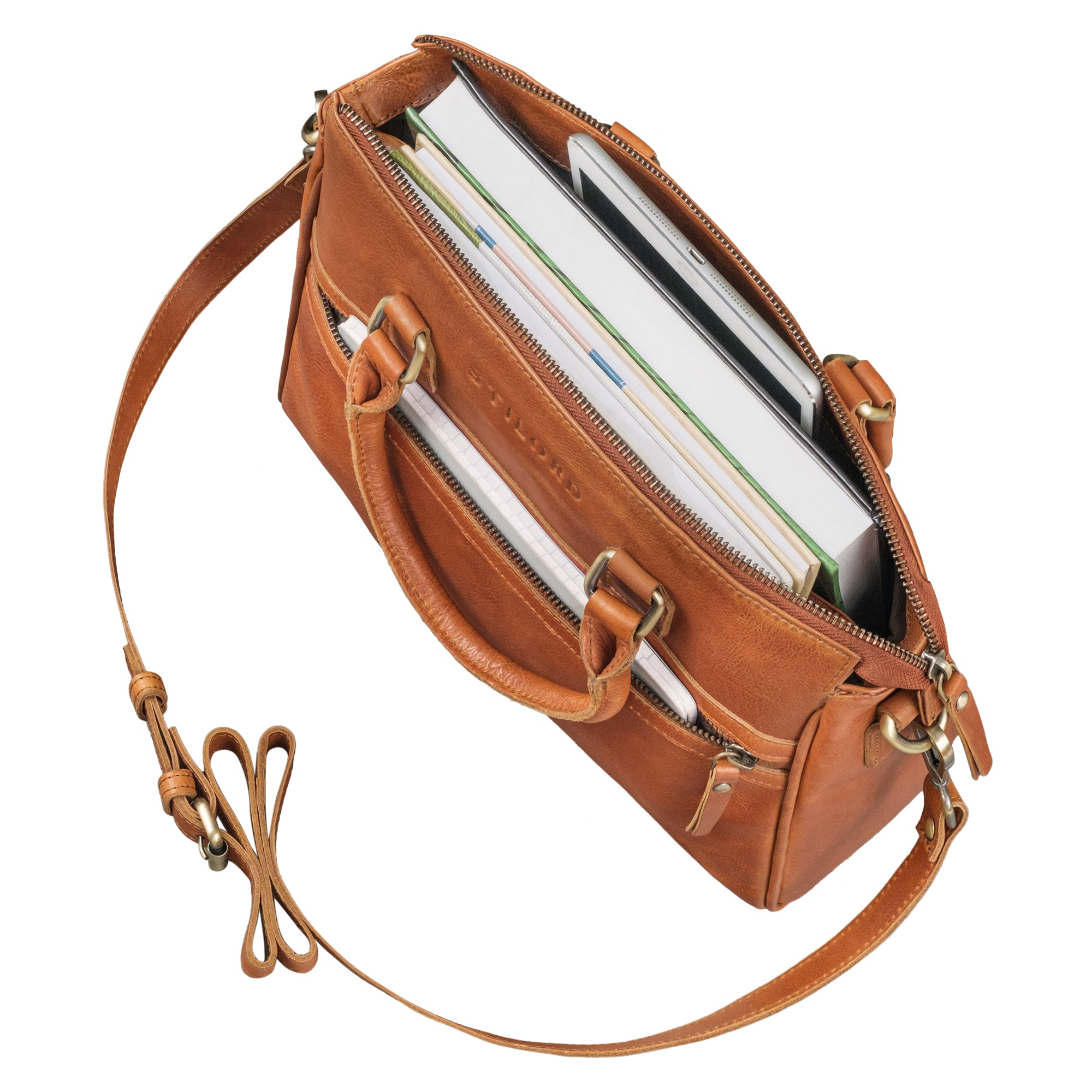 Damen Handtasche Leder braun mit vielen Fächern
