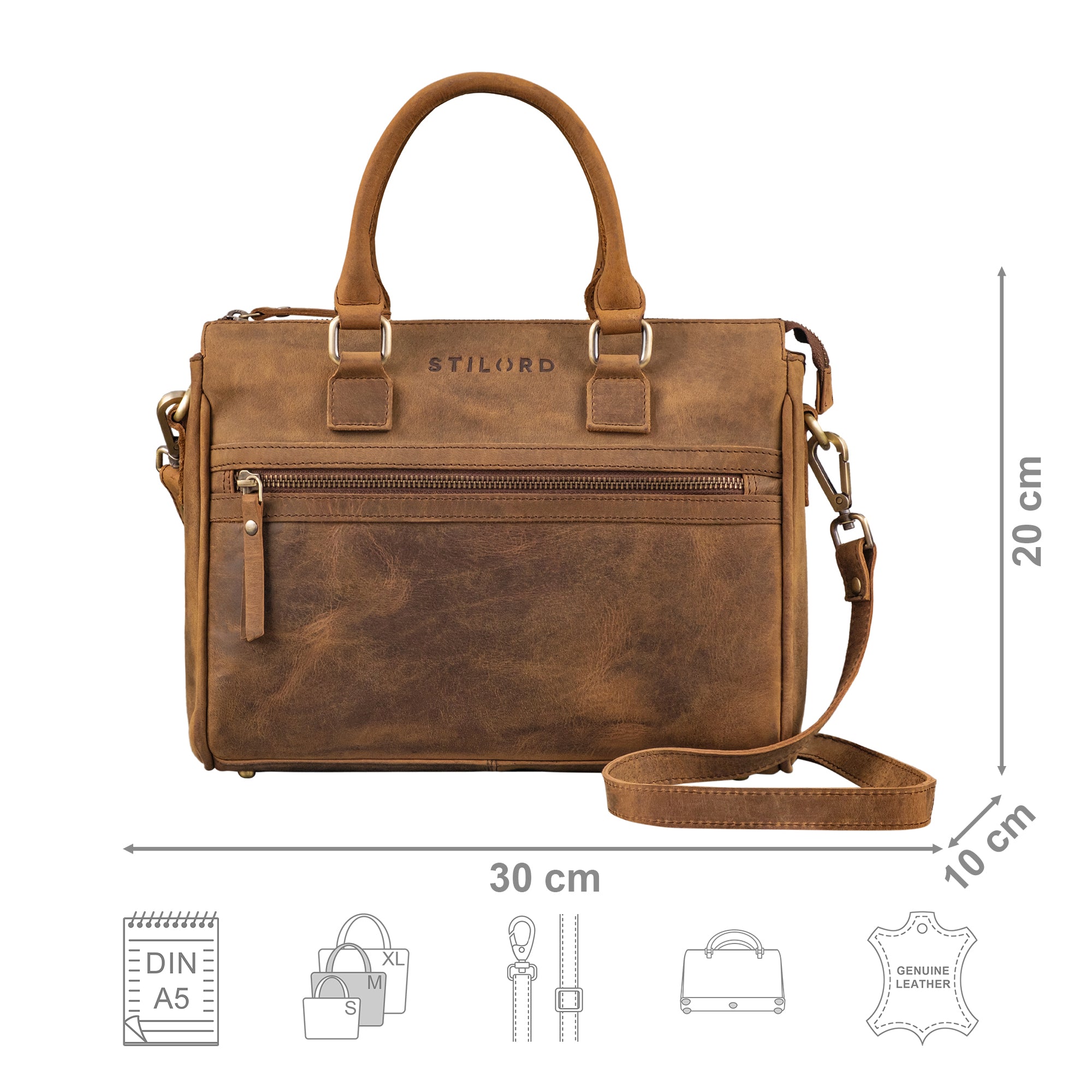 Schultertasche Leder braun mit Größenangaben und USP Icons