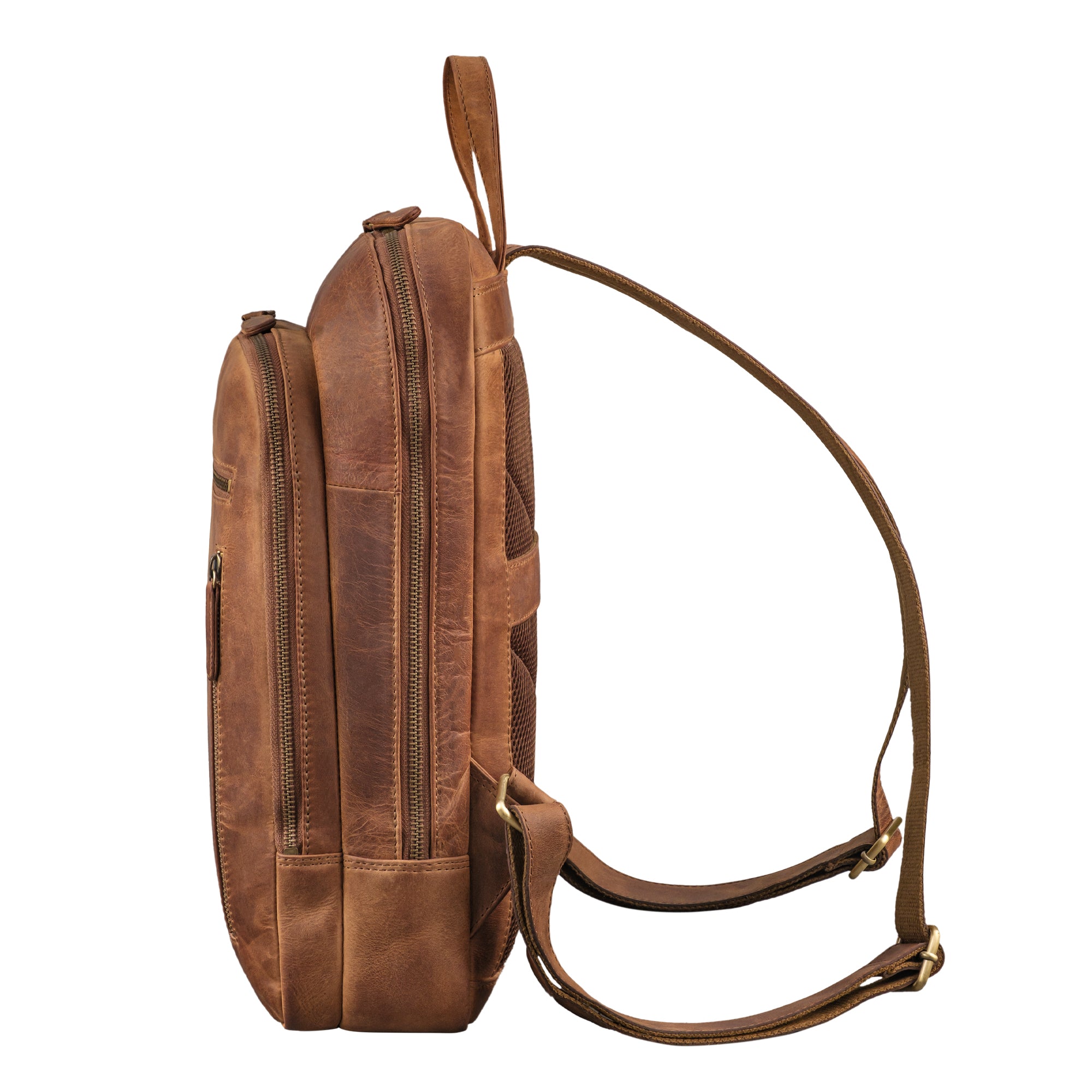 Tagesrucksack Leder braun aus der seitlichen Perspektive