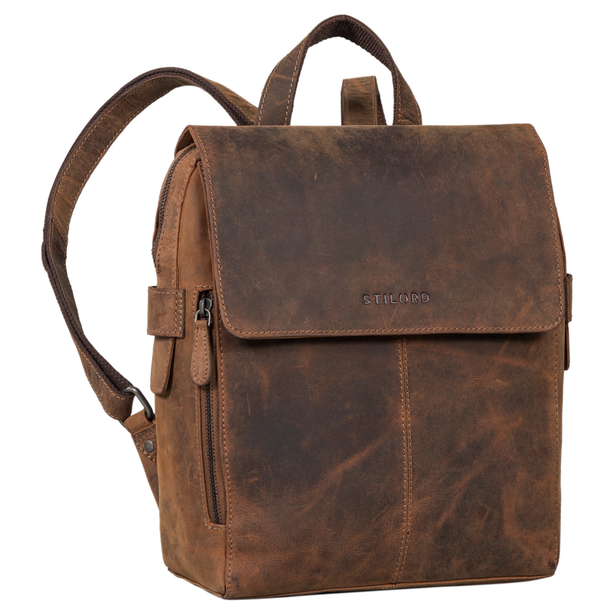 Rucksacktasche mit Reißverschlusstaschen und Überschlag in braun