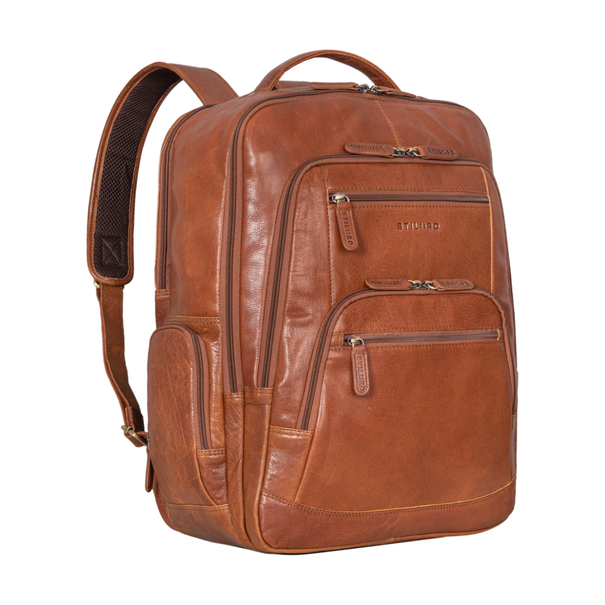 Leder Laptop Rucksack 18 Zoll Herren und Damen Groß cognac