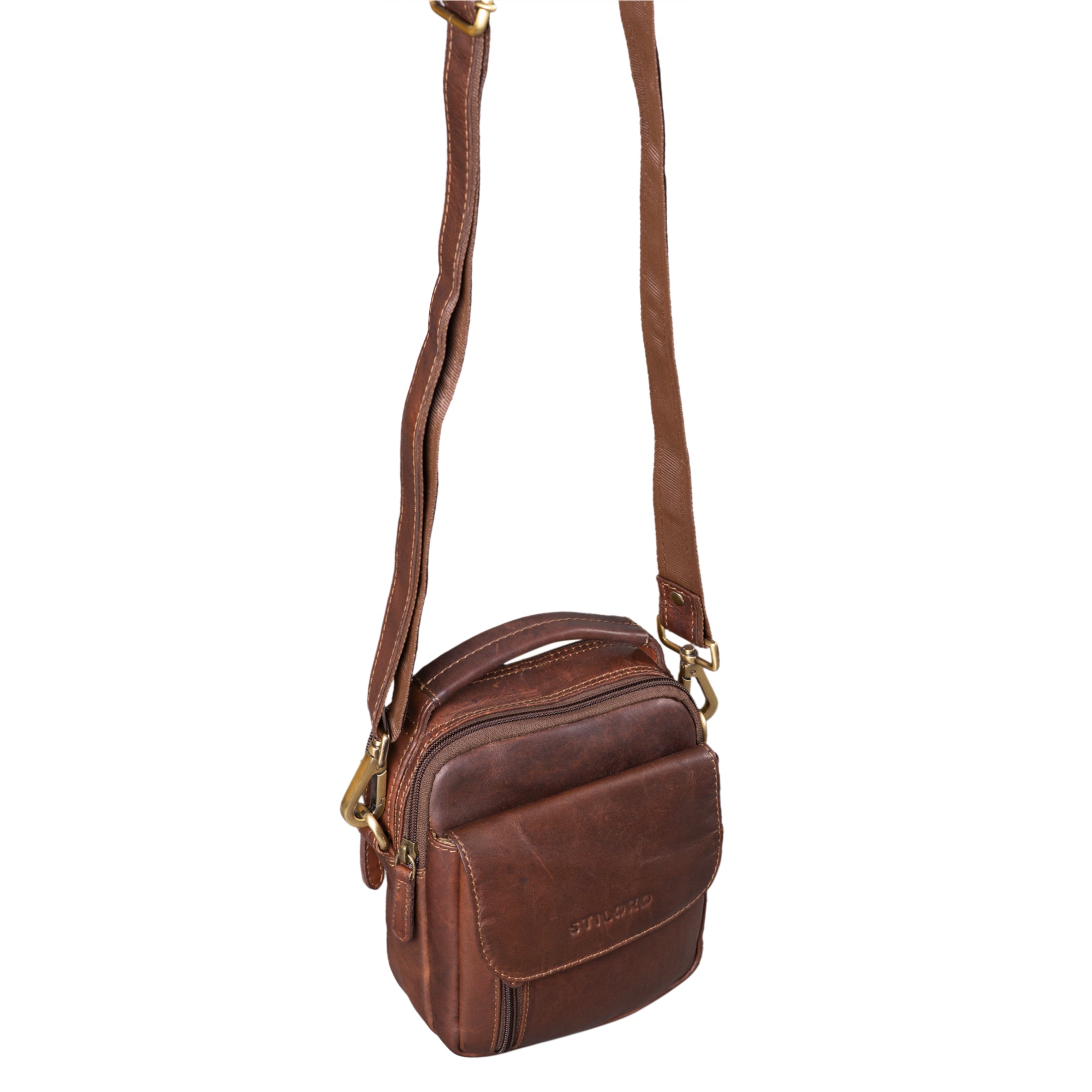 Herren Schultertasche mit Tragegriff braun echtes Leder
