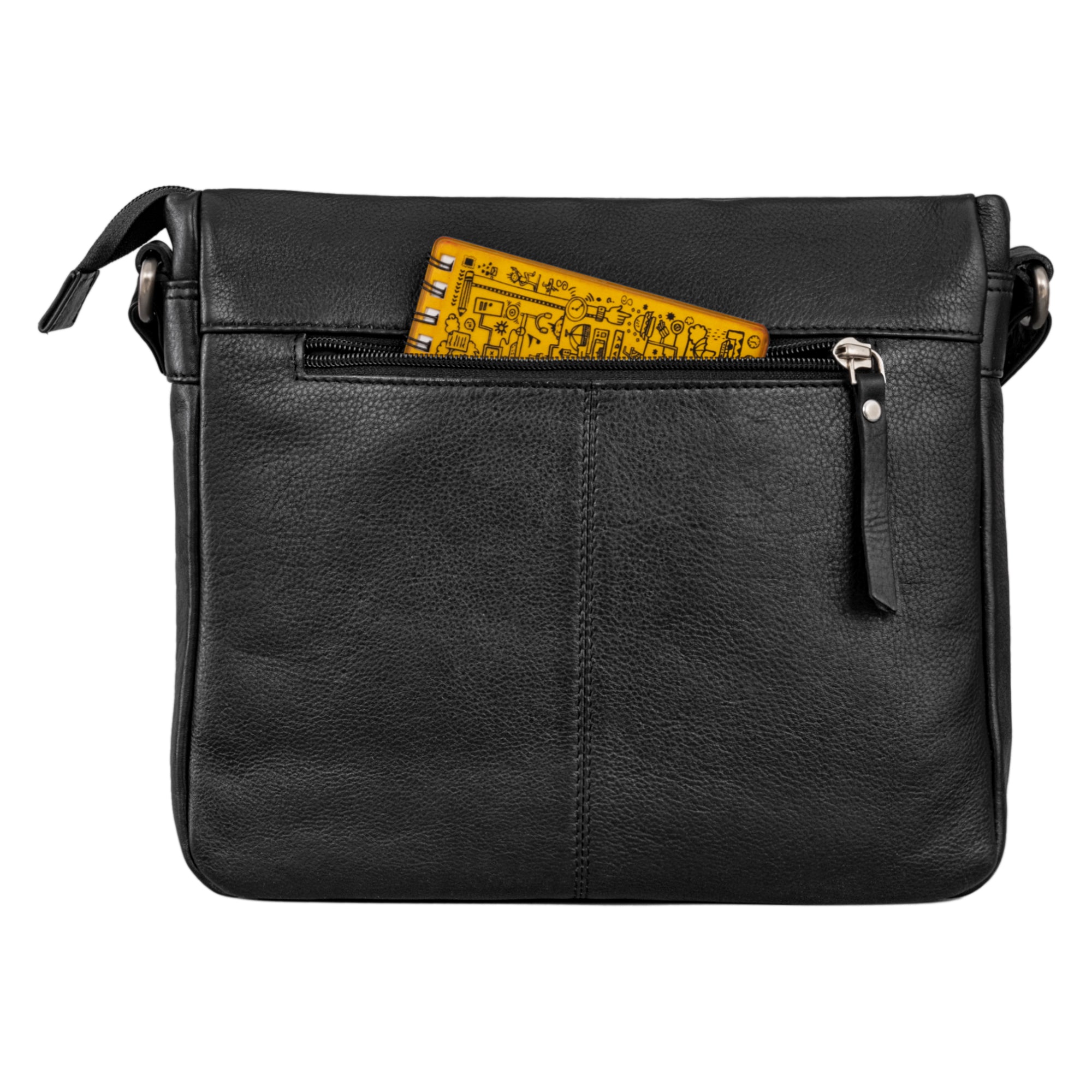 Handtasche Damen Umhängetasche aus schwarzem Leder mit einem Reißverschlussfach auf der Rückseite