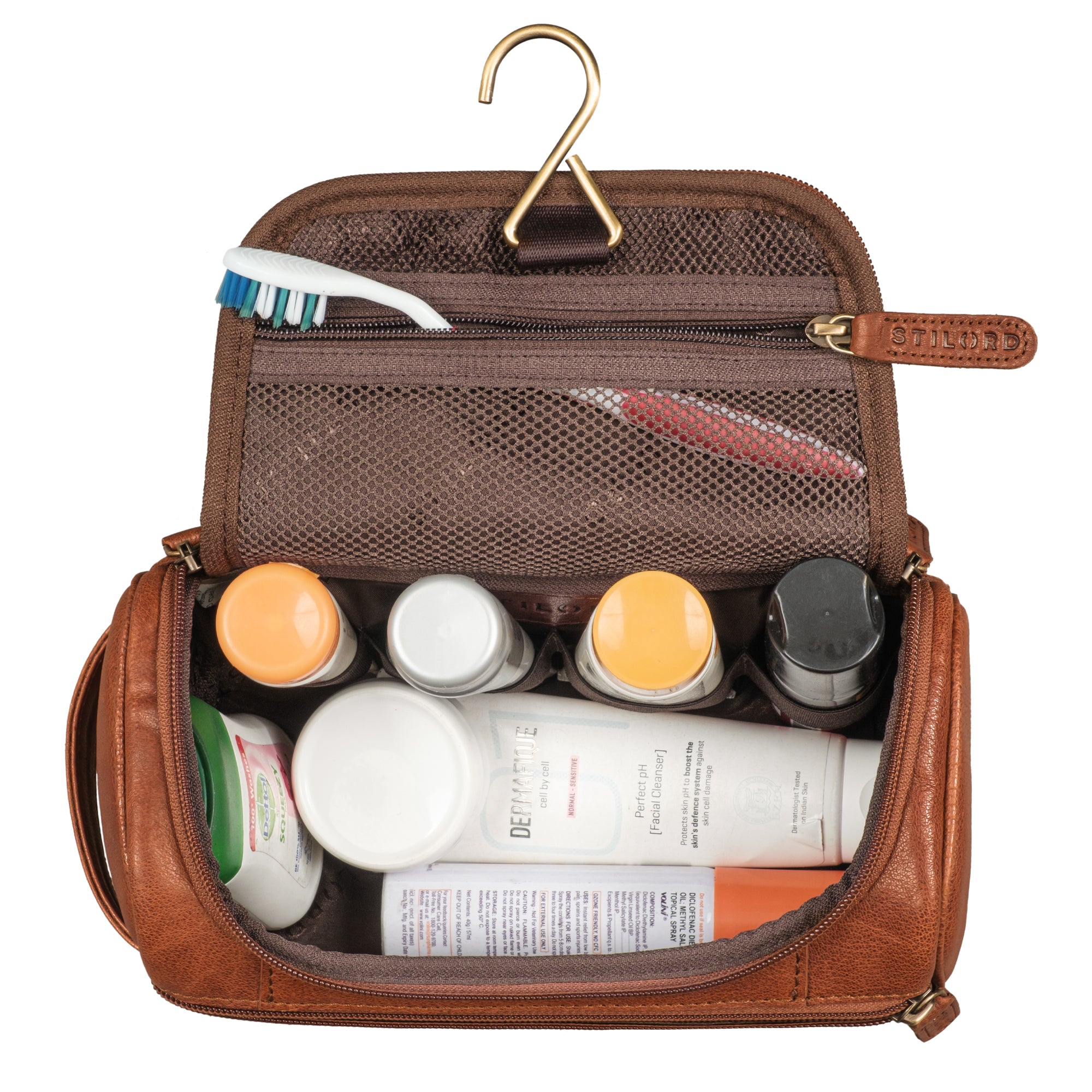 Kulturbeutel mit Haken cognac Leder