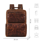 Laptoprucksack Leder braun mit Größenangaben und zusätzlichen USP Icons
