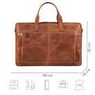 Laptop Umhängetasche Leder braun mit Größenangaben und zusätzlichen USP Icons
