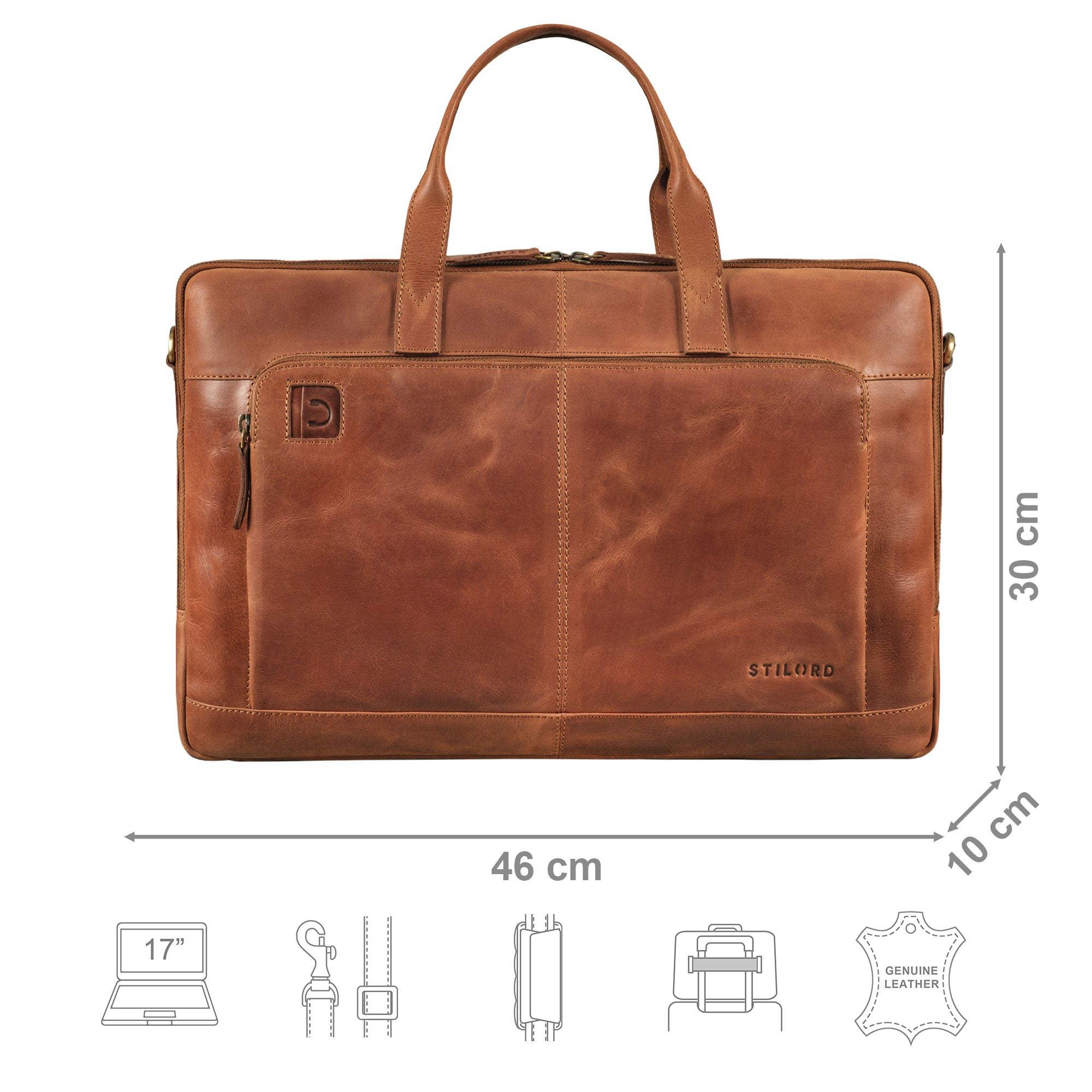 Laptop Umhängetasche Leder braun mit Größenangaben und zusätzlichen USP Icons