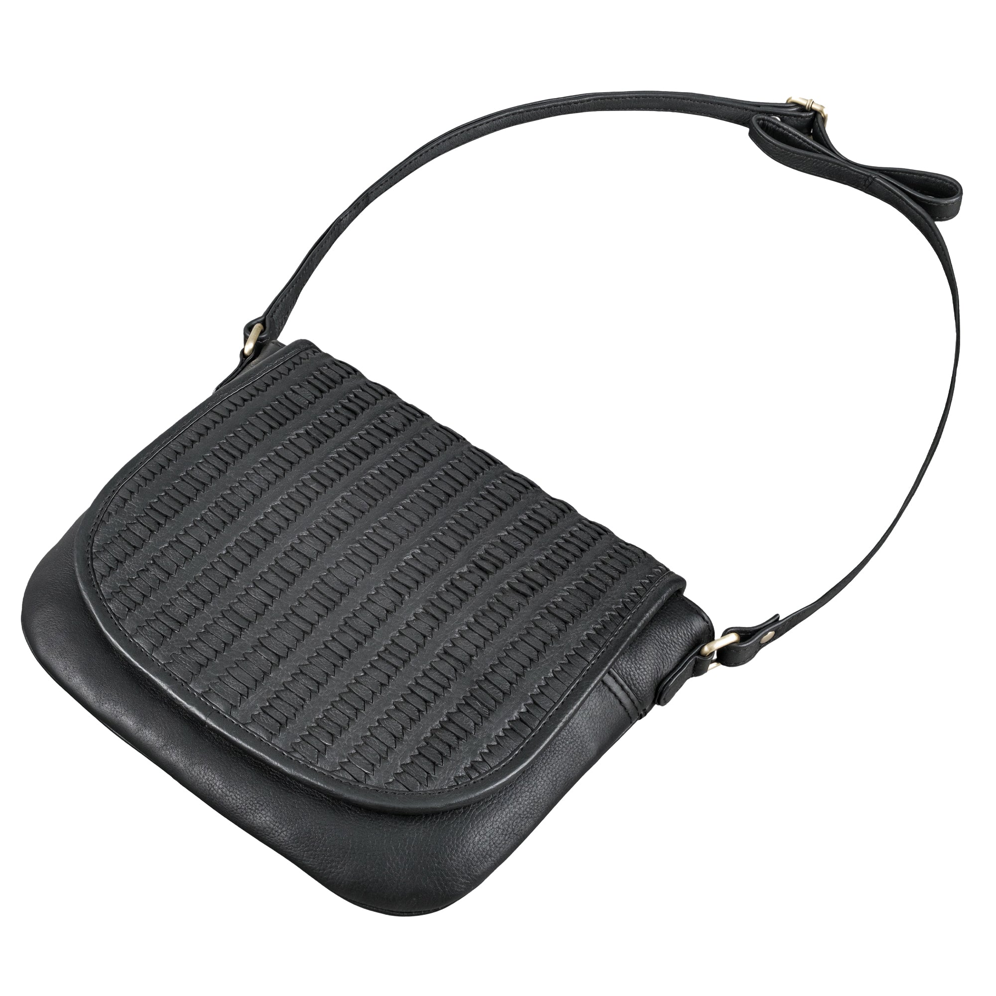 Kleine Ledertasche Damen schwarz mit Flecht-Optik auf dem Überschlagdeckel