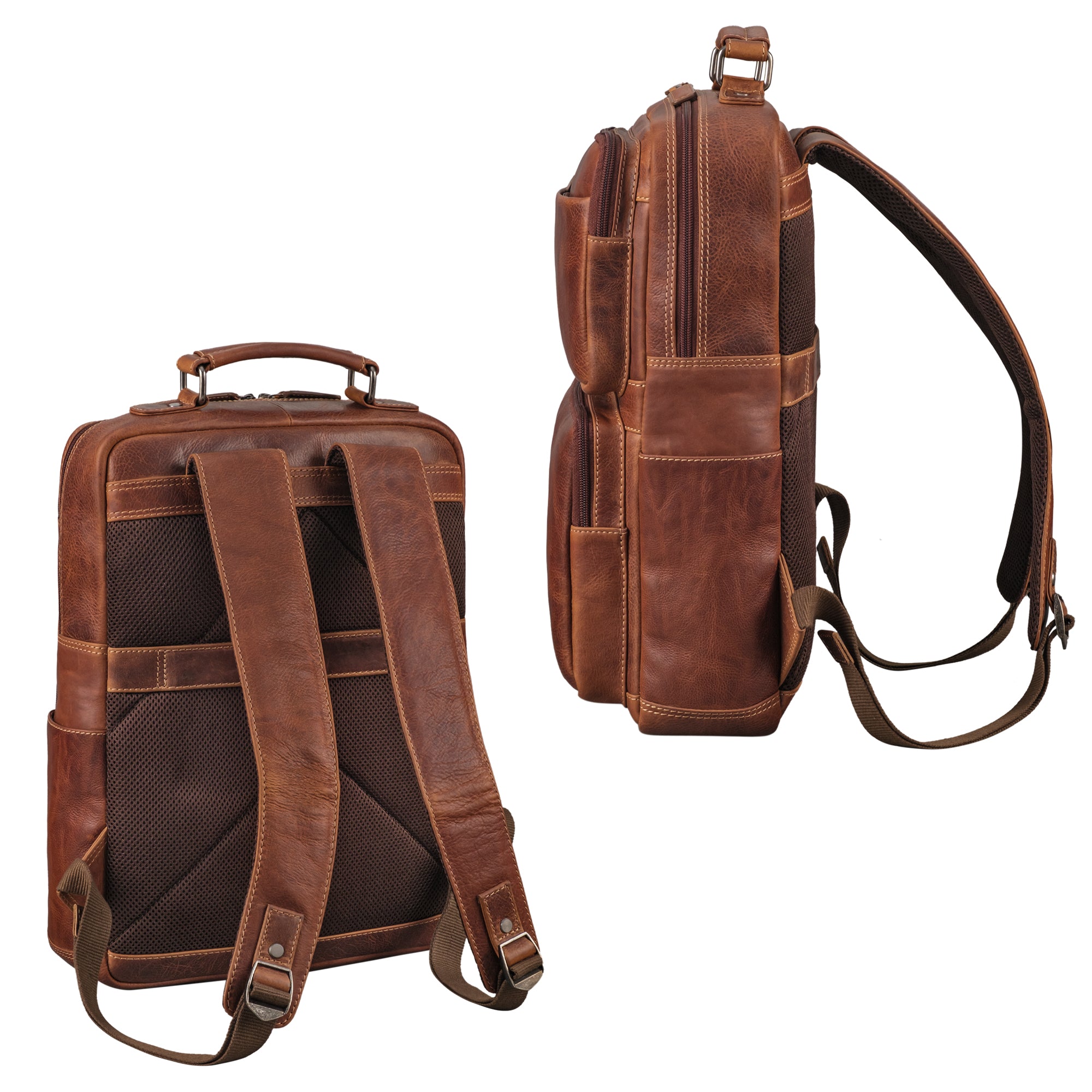 Großer Rucksack Leder cognac mit Henkel und gepolsterten Schultergurten