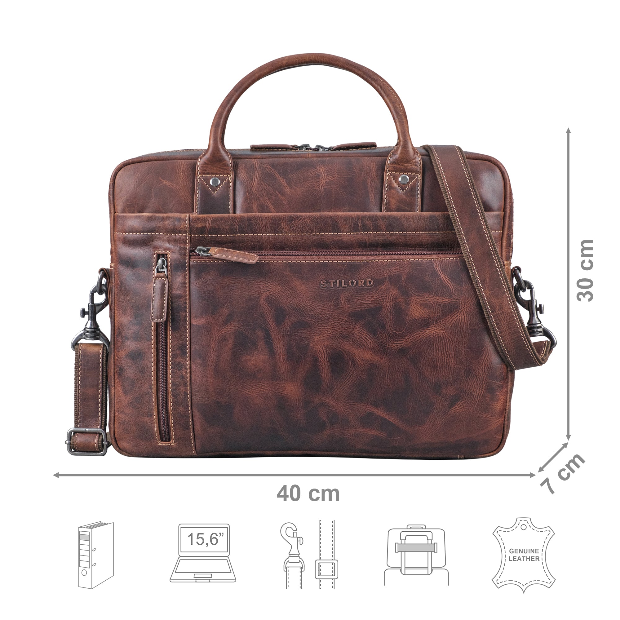 Arbeitstasche Leder braun mit Größenangaben und USP Icons