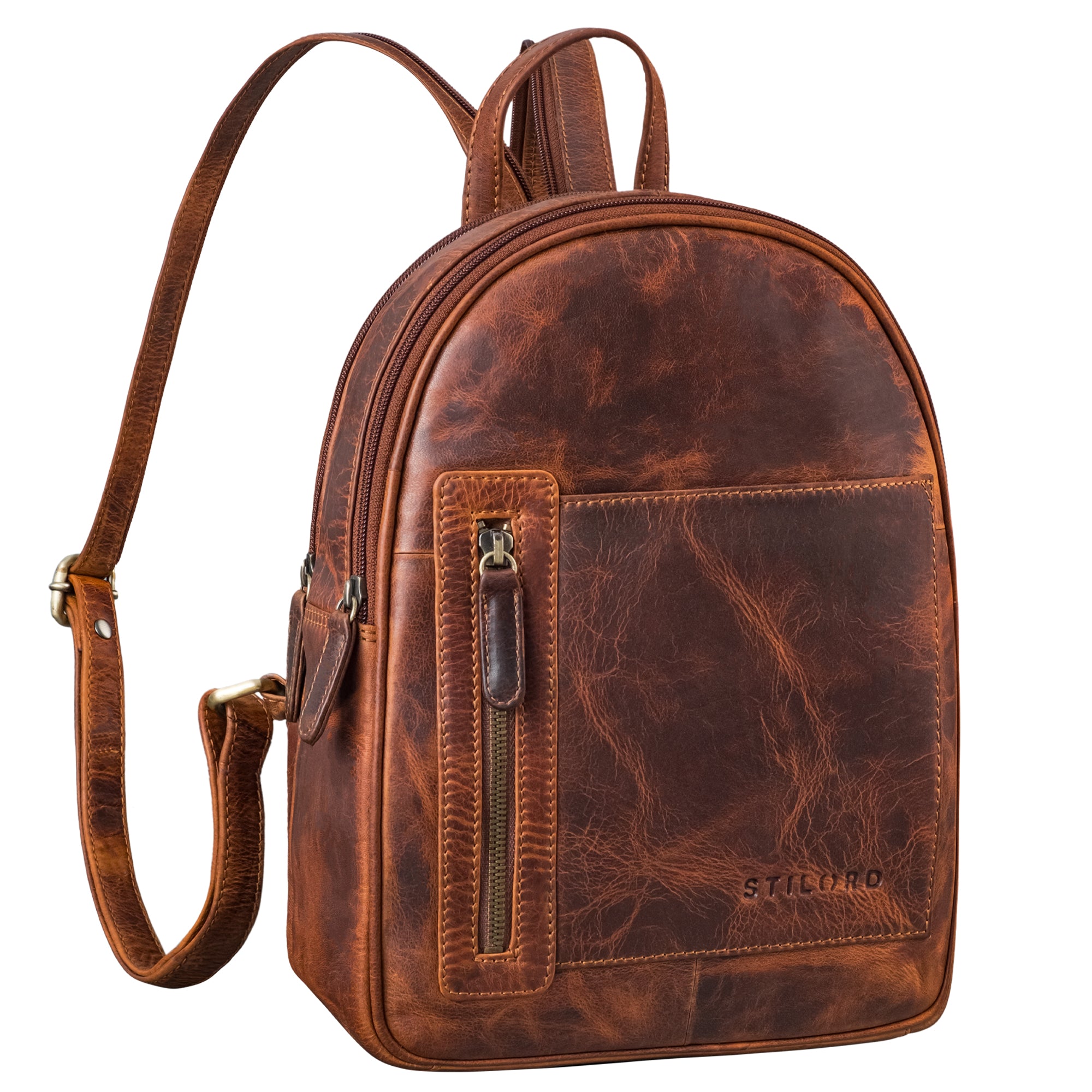 Kleiner Damenrucksack Echtleder cognac mit verstellbaren Schultergurten