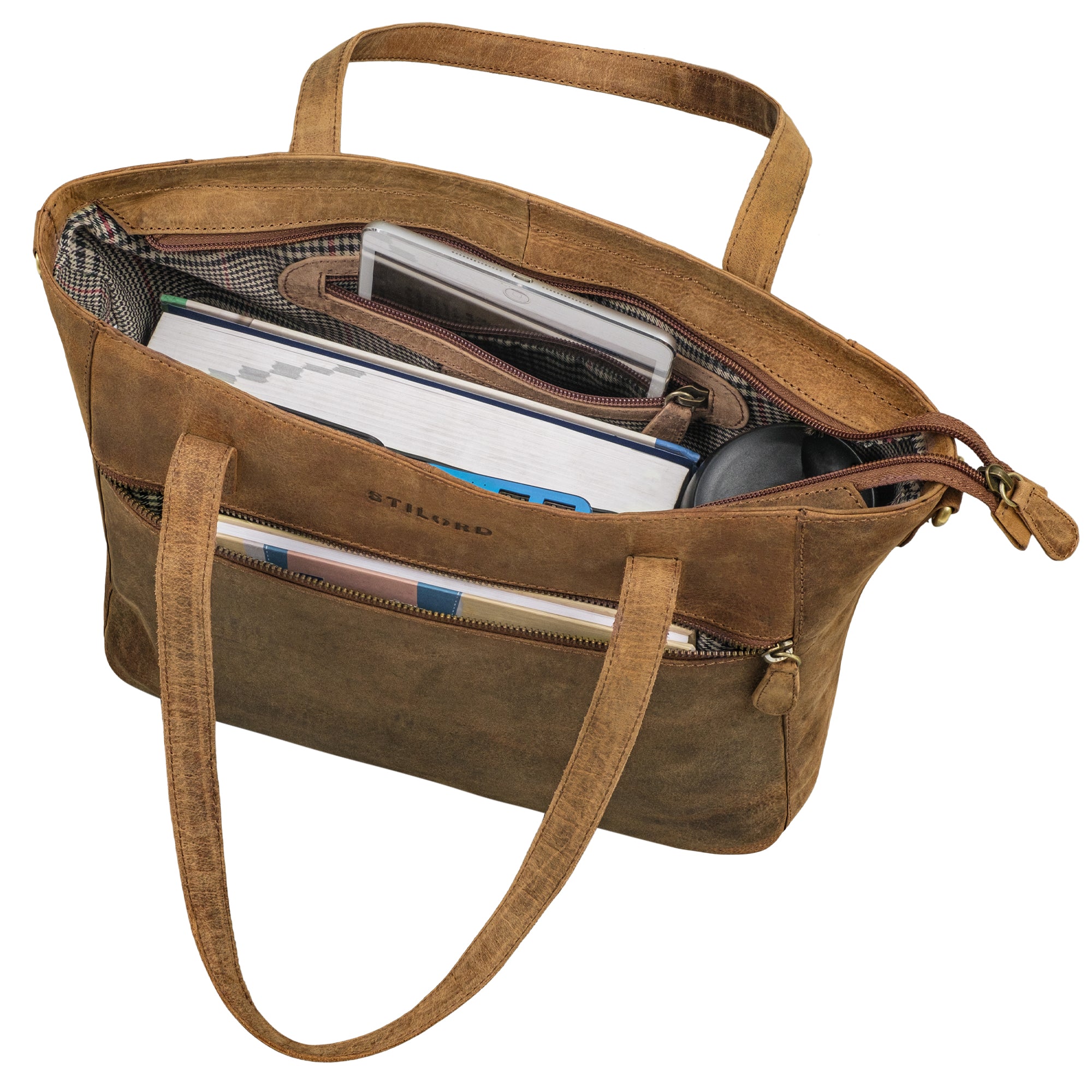 Damen Henkeltasche Leder braun mit großem Hauptfach