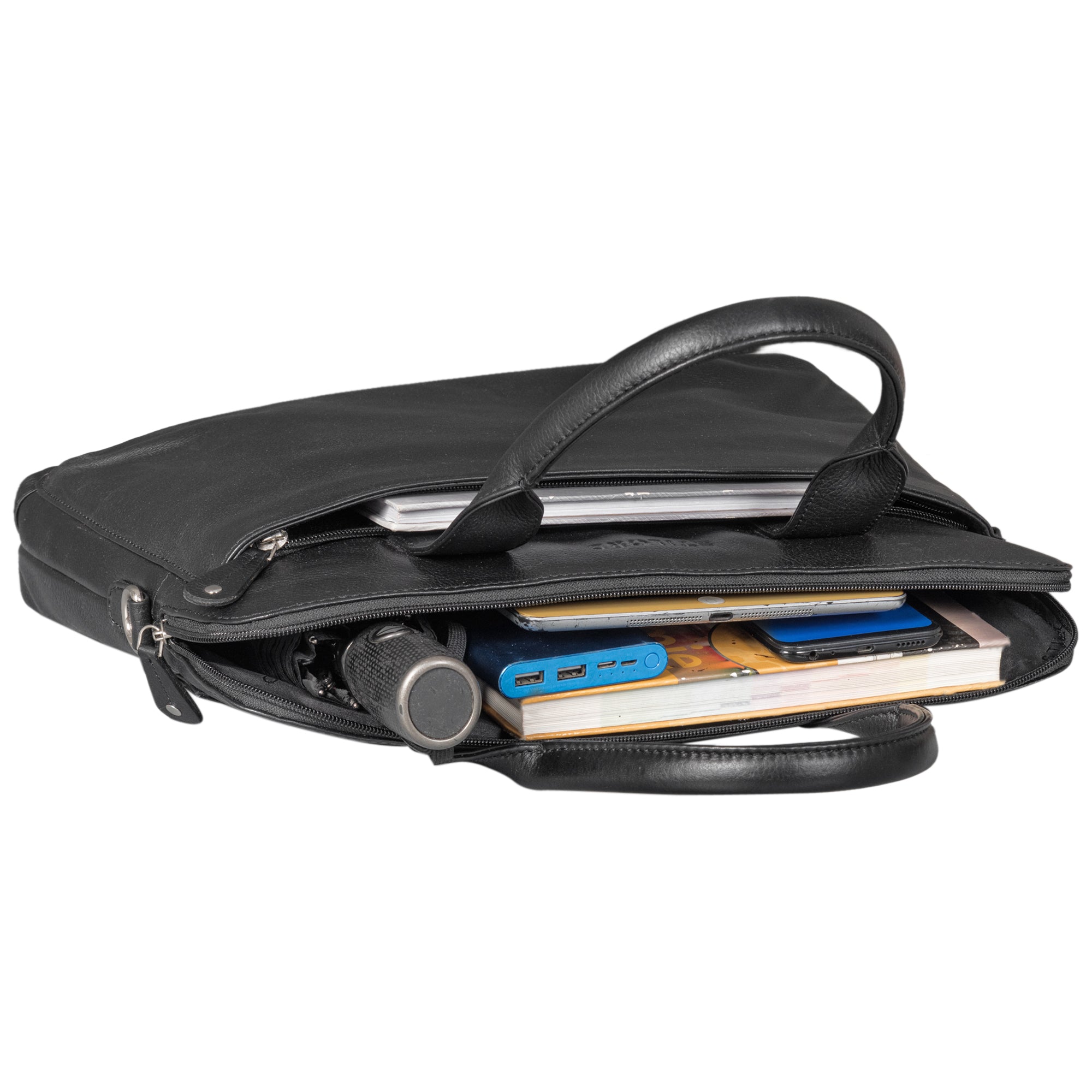 Praktische schwarze Leder-Tasche mit optimalem Stauraum