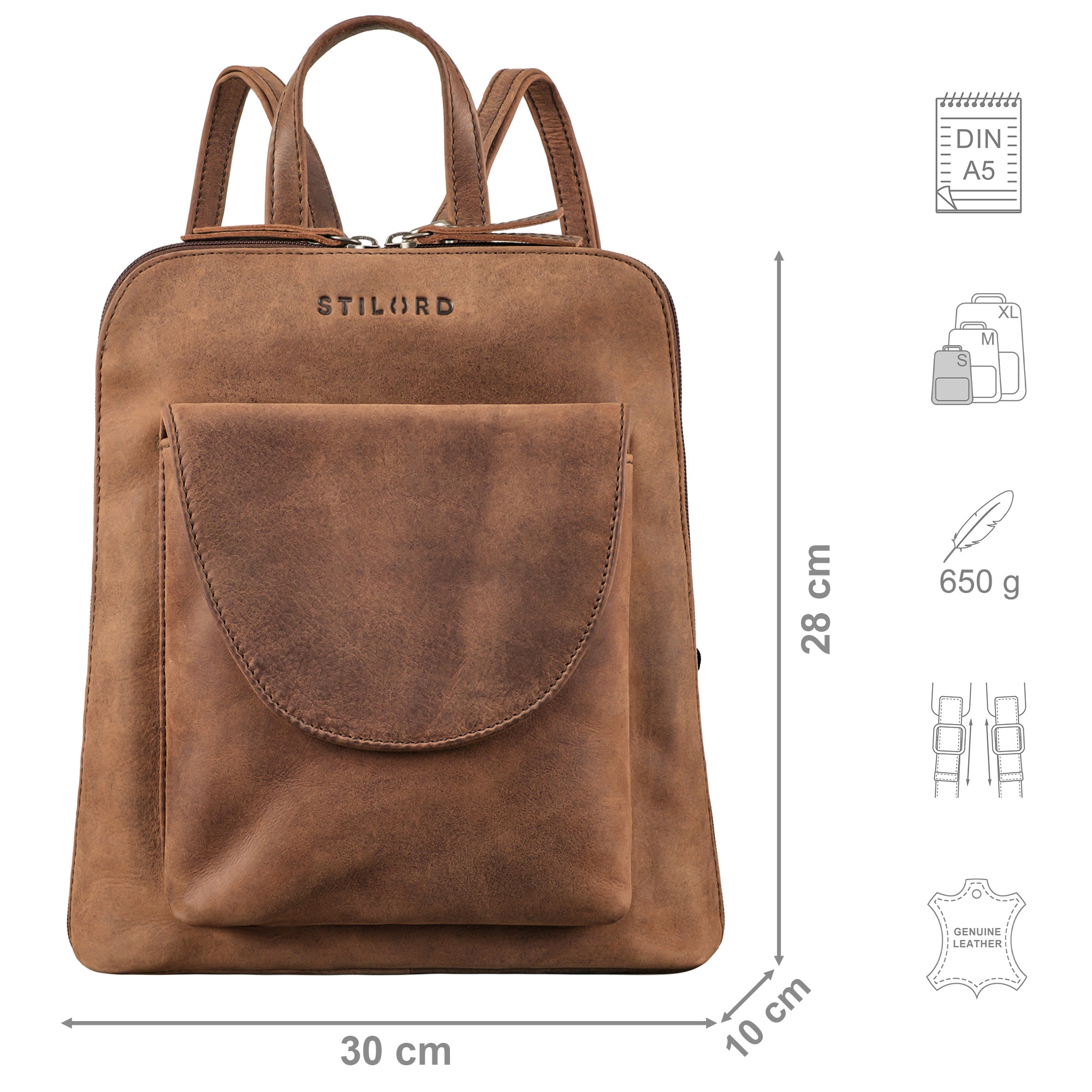 Damenrucksack klein braun mit Größenangaben und zusätzlichen Merkmal Icons