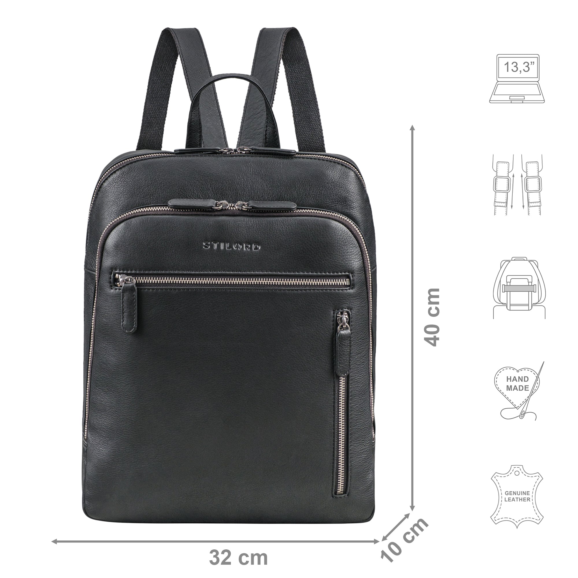 Daypack Leder klein schwarz mit Größenangaben und zusätzlichen Merkmal Icons