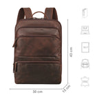 Großer Lederrucksack Braun mit Größenangaben und zusätzlichen Merkmal Icons