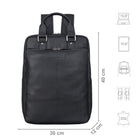 Rucksack Leder Schwarz mit Größenangaben und zusätzlichen Icons