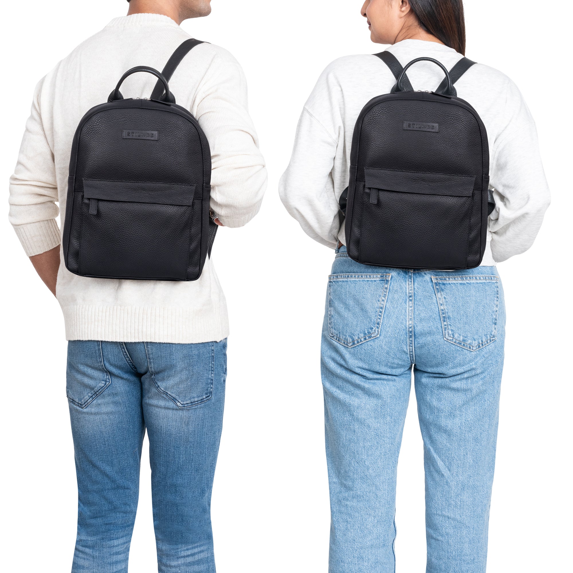 Rucksack Leder Schwarz getragen von einem Mann und einer Frau