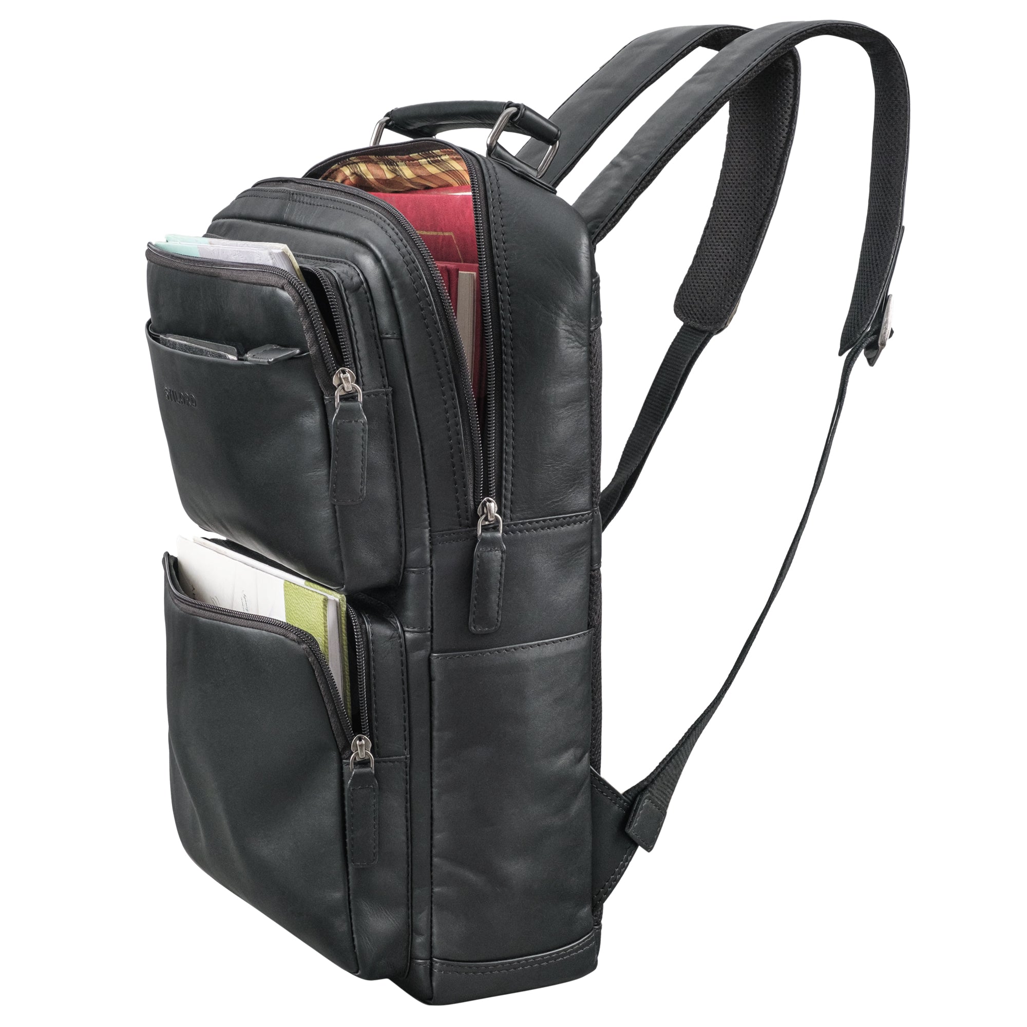 Laptoprucksack Leder schwarz mit verstellbaren Schultergurten