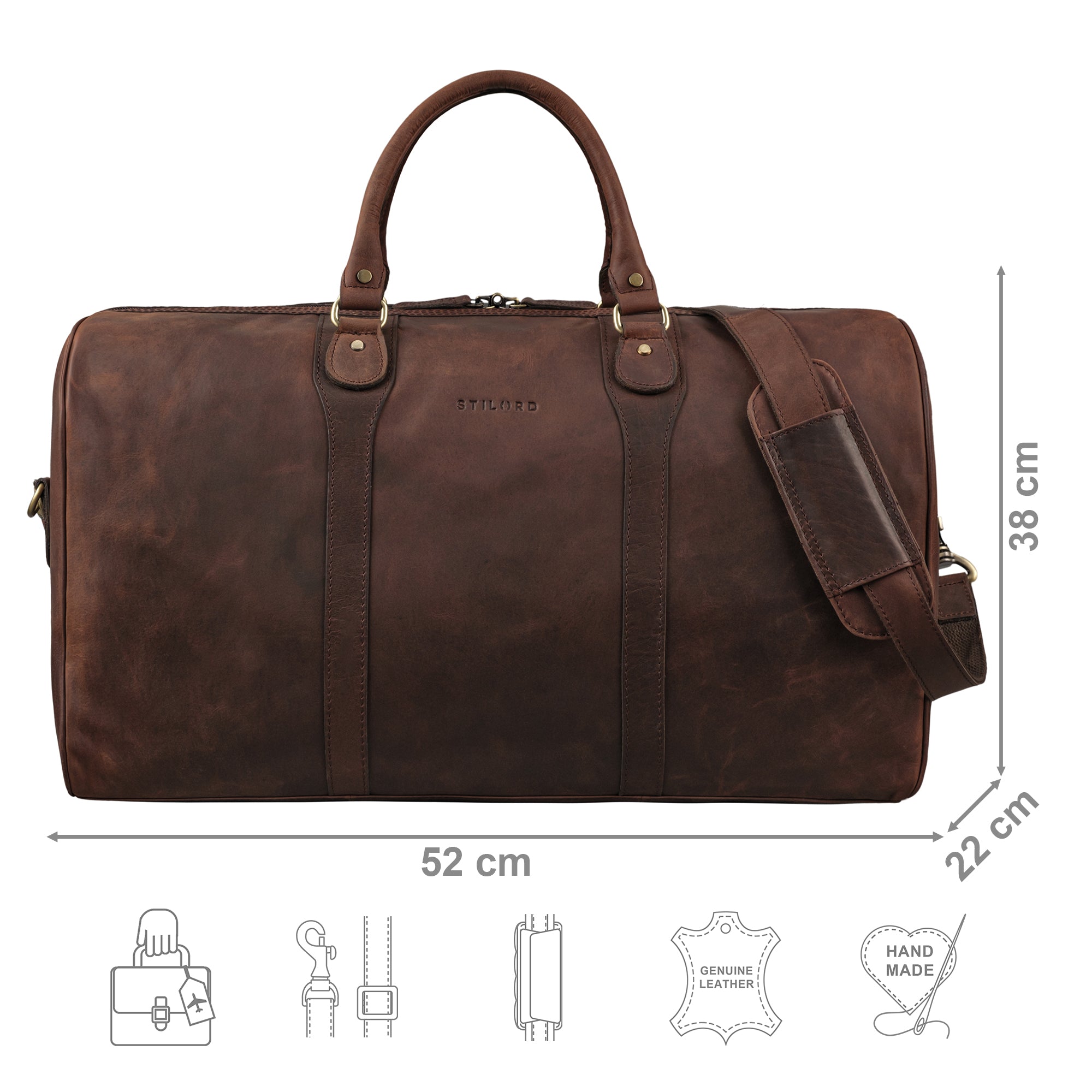 Leder Reisetasche dunkelbraun mit Größenangaben und zusätzlichen USP Icons