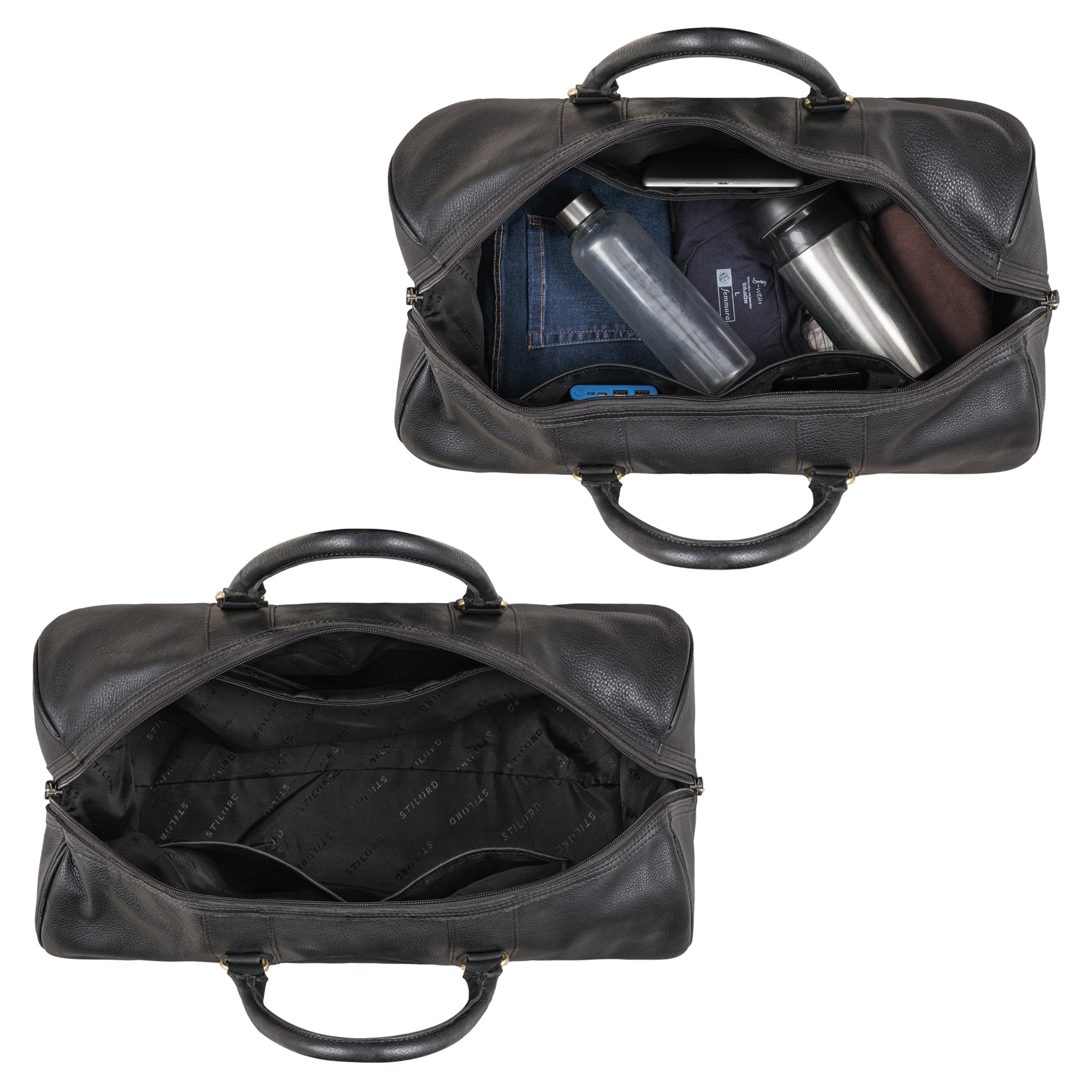 Reisetasche Leder schwarz im gefüllten Zustand und leeren Zustand aus der Draufsicht