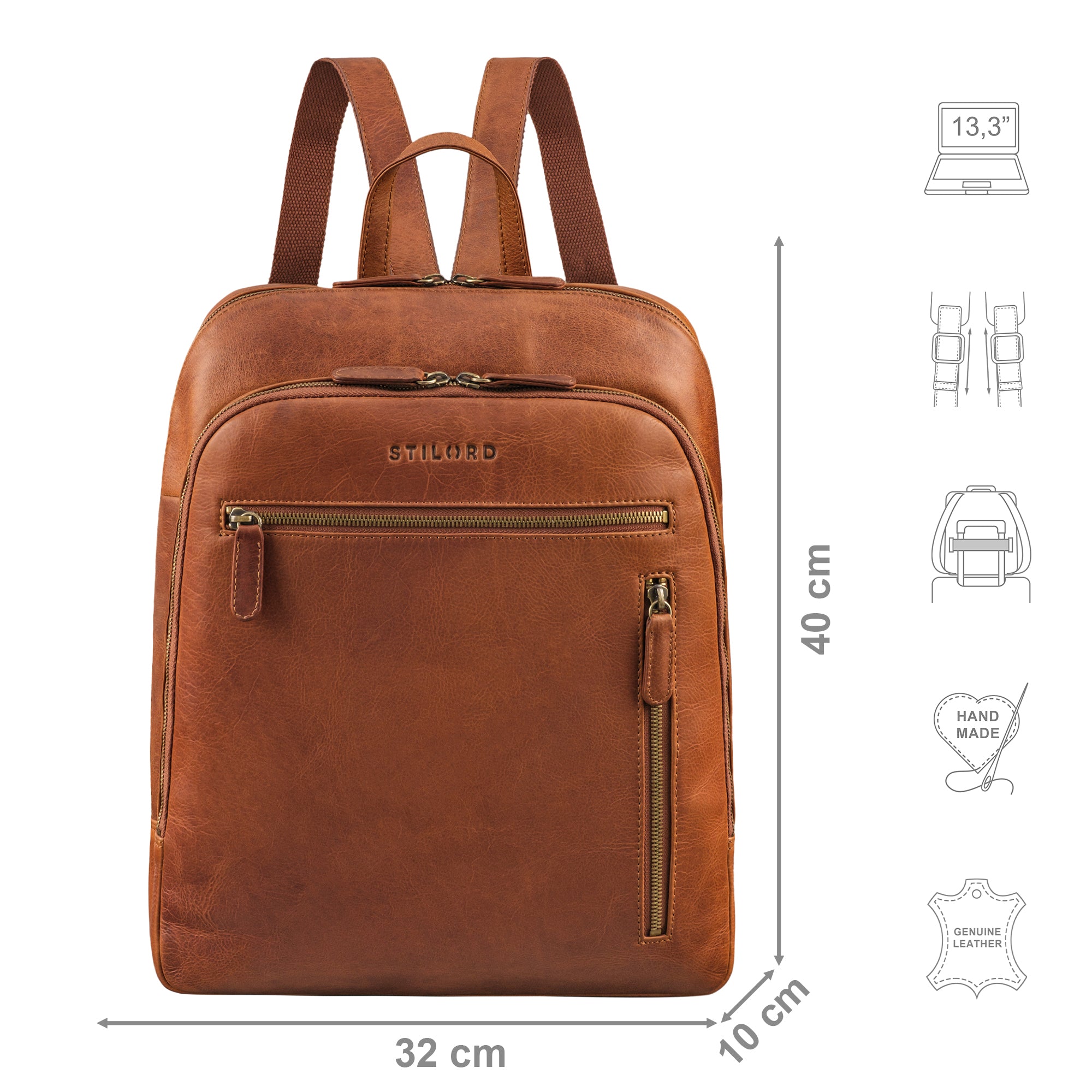 Leder Daypack klein cognac mit Größenangaben und zusätzlichen Merkmal Icons