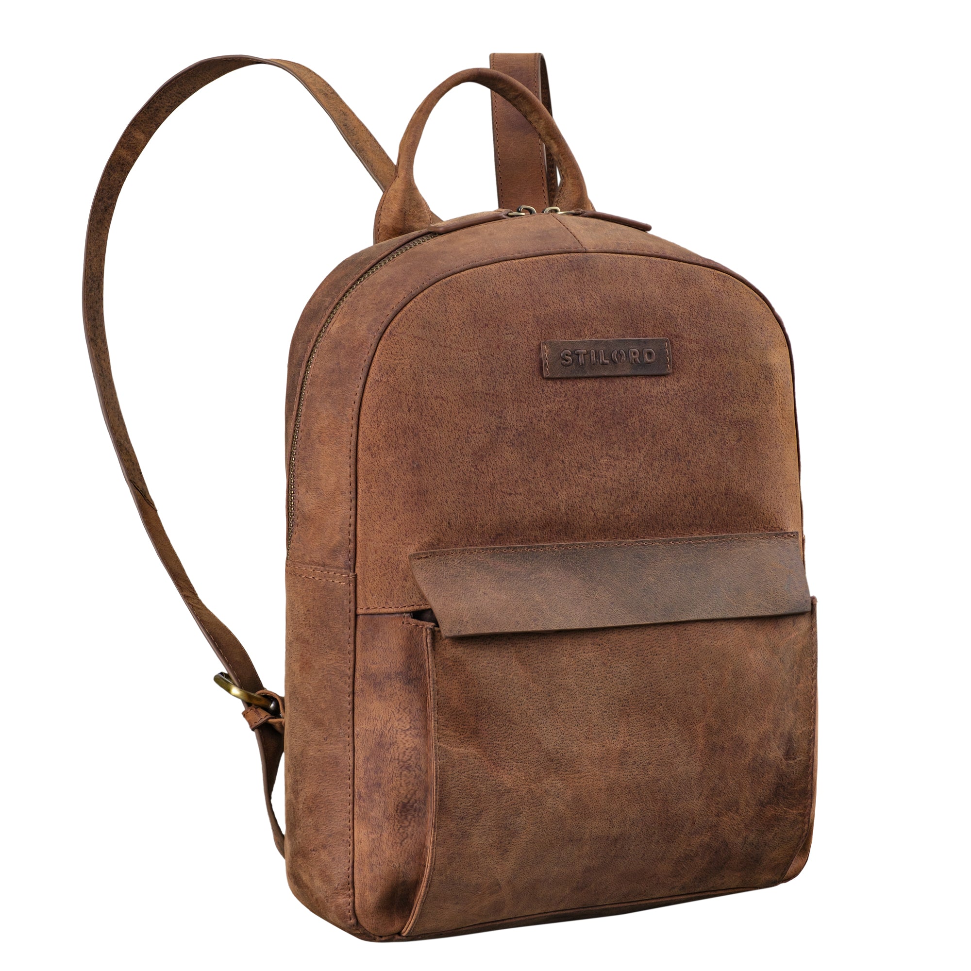Damenrucksack Leder Braun mit langen Schultergurten aus der schrägen Frontalperspektive