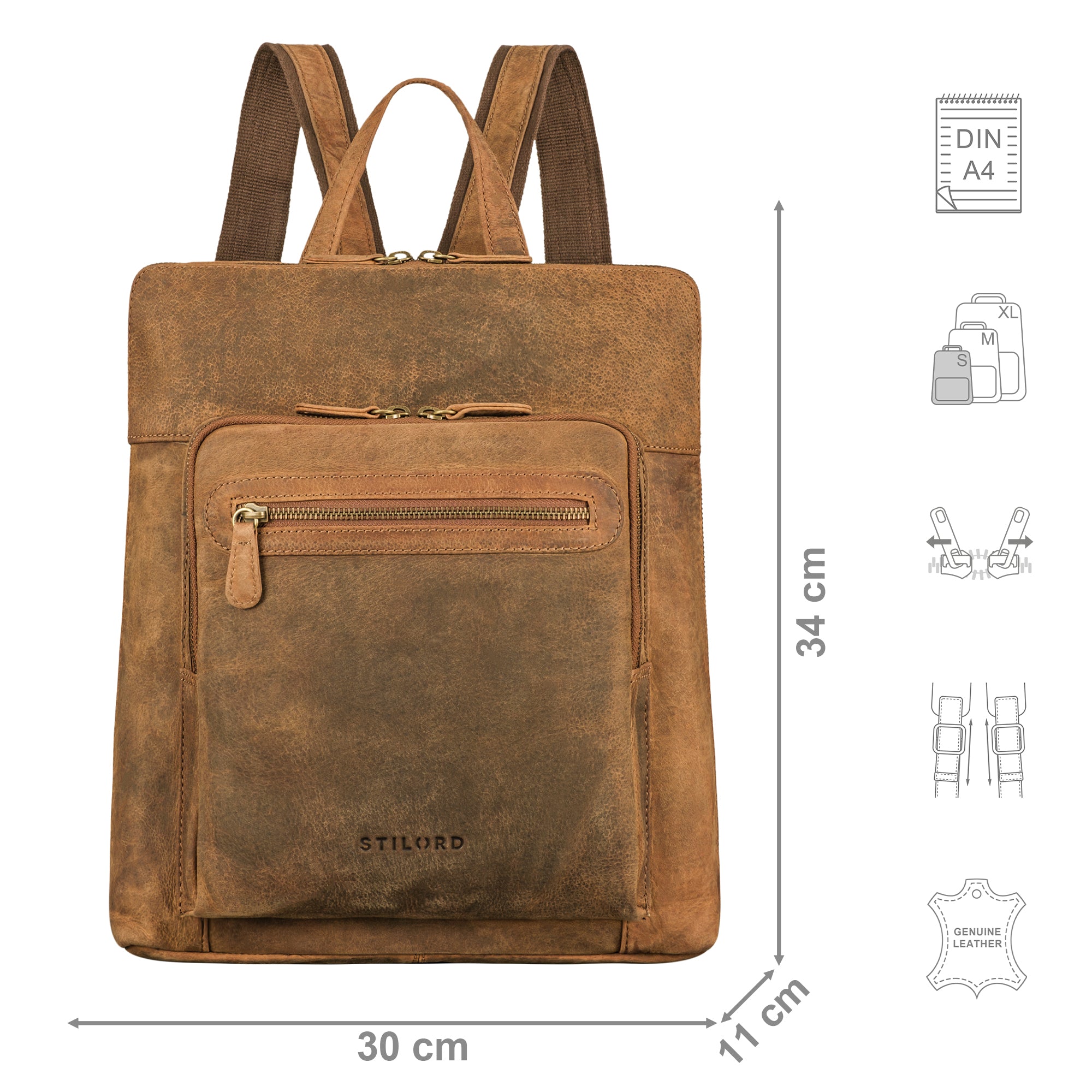 Daypack Leder klein braun mit Größenangaben und zusätzlichen Merkmal Icons