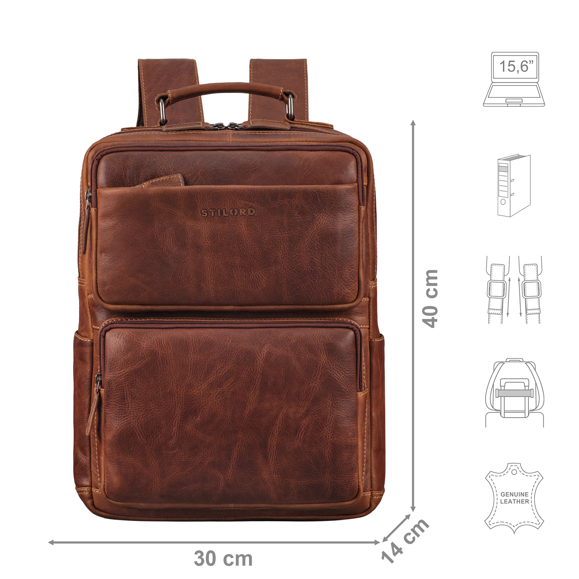 Lederrucksack cognac mit Größenangaben und zusätzlichen USP Icons