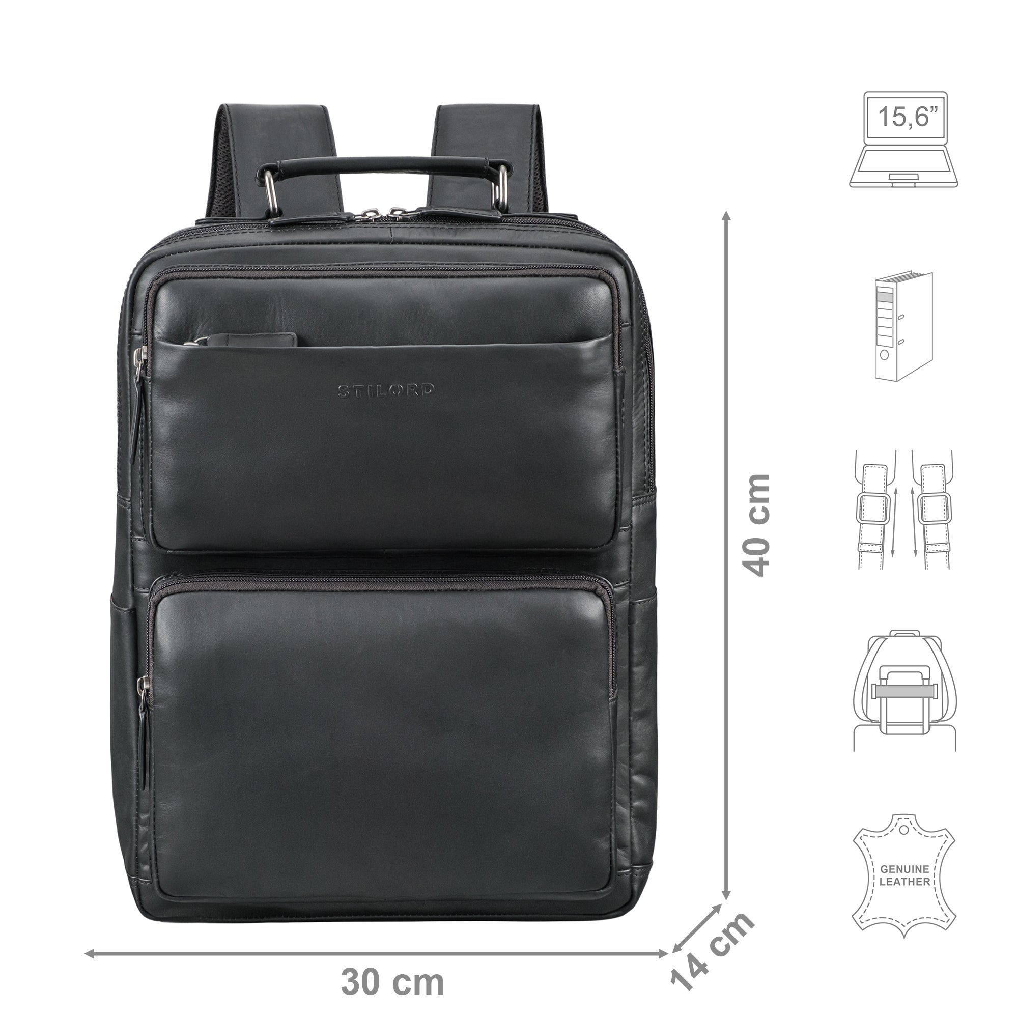 Lederrucksack schwarz mit Größenangaben und zusätzlichen USP Icons