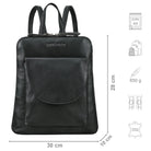 Kleiner Lederrucksack schwarz mit Größenangaben und zusätzlichen Merkmal Icons