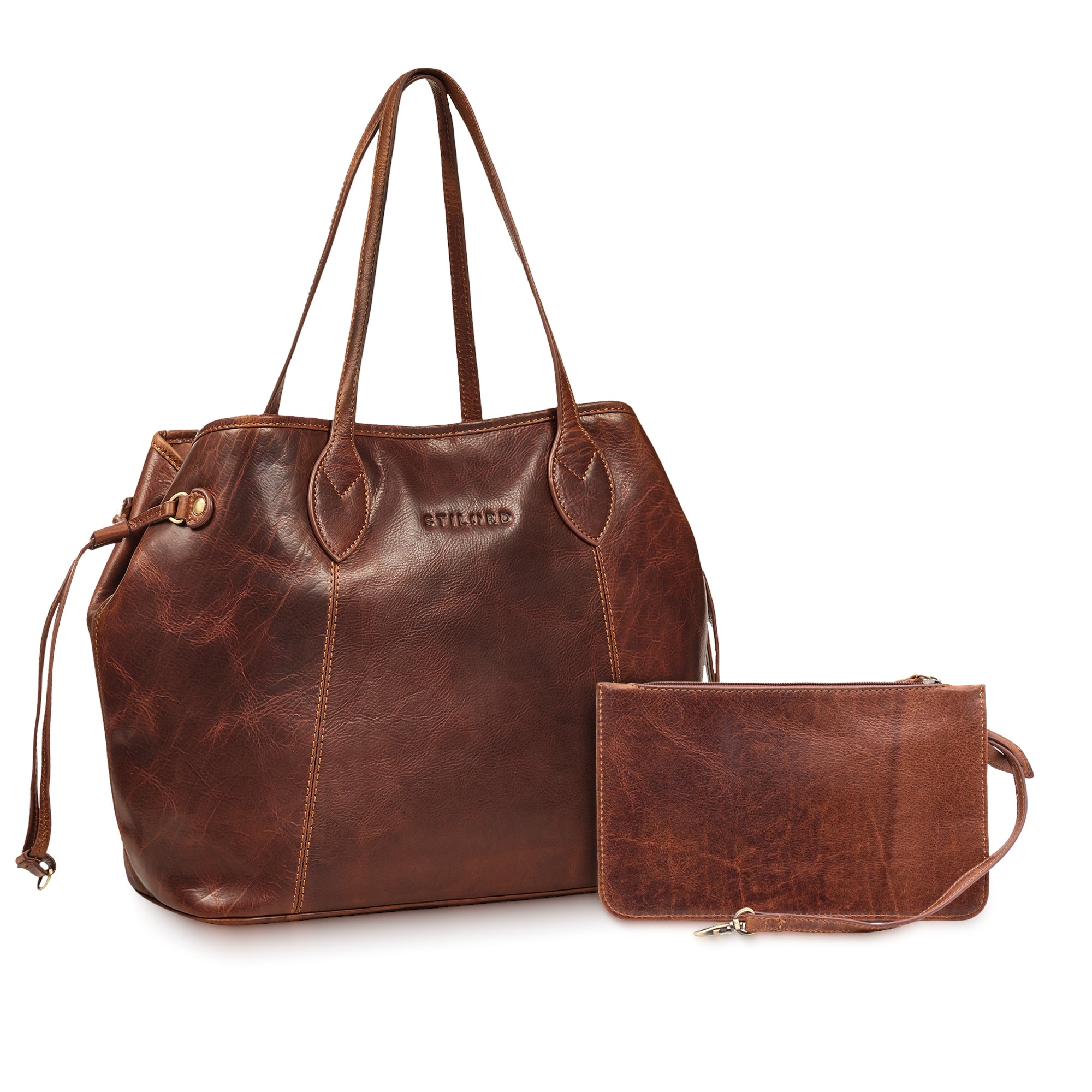 Echtleder Shopper Damen mit Clutch cognac