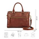 Henkeltasche Leder cognac mit Größenangaben und USP Icons