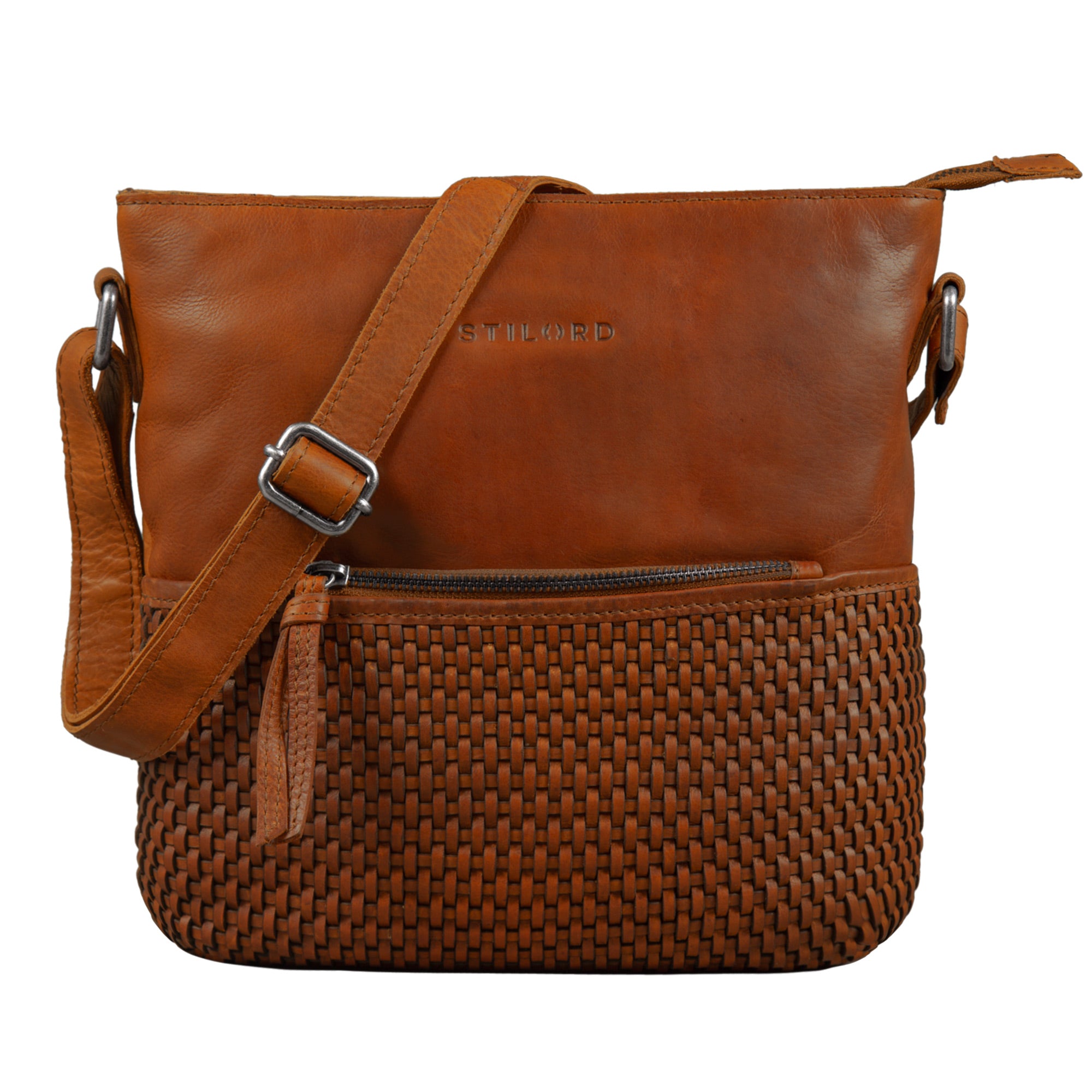 Umhängetasche damen Cognac leder geflochten