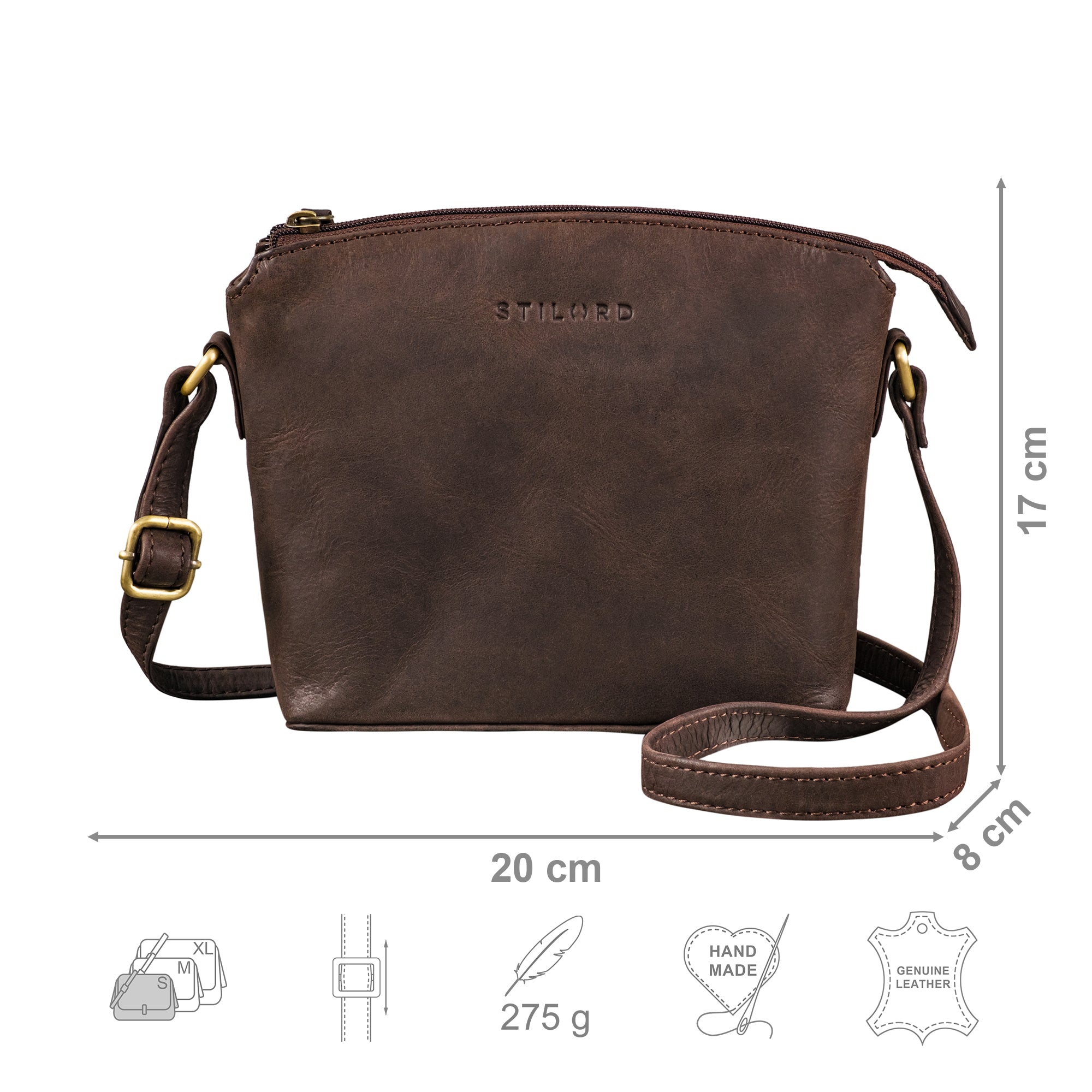 Crossbody Bag Leder braun mit Größenangaben und USP Icons