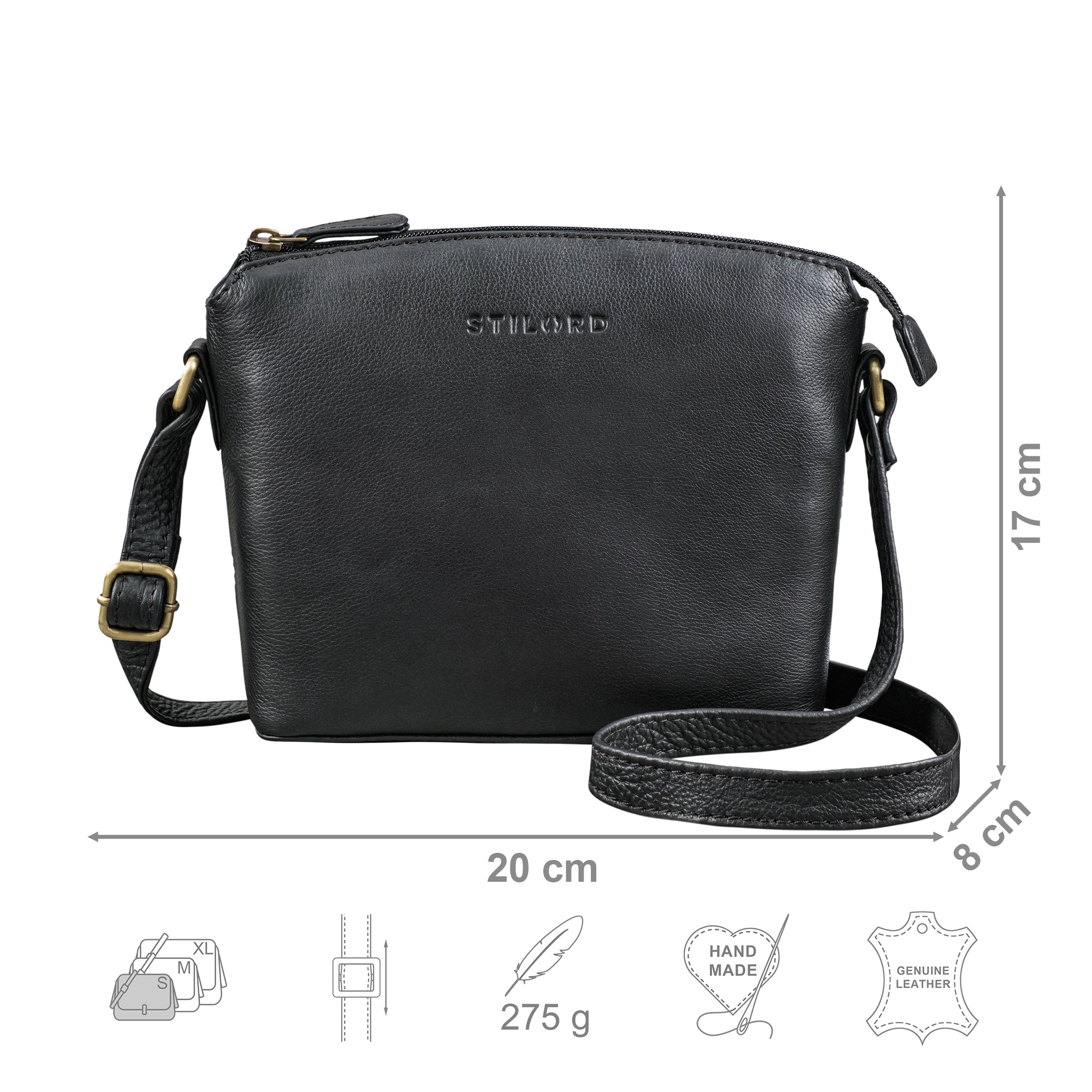 Crossbody Bag Leder schwarz mit Größenangaben und USP Icons