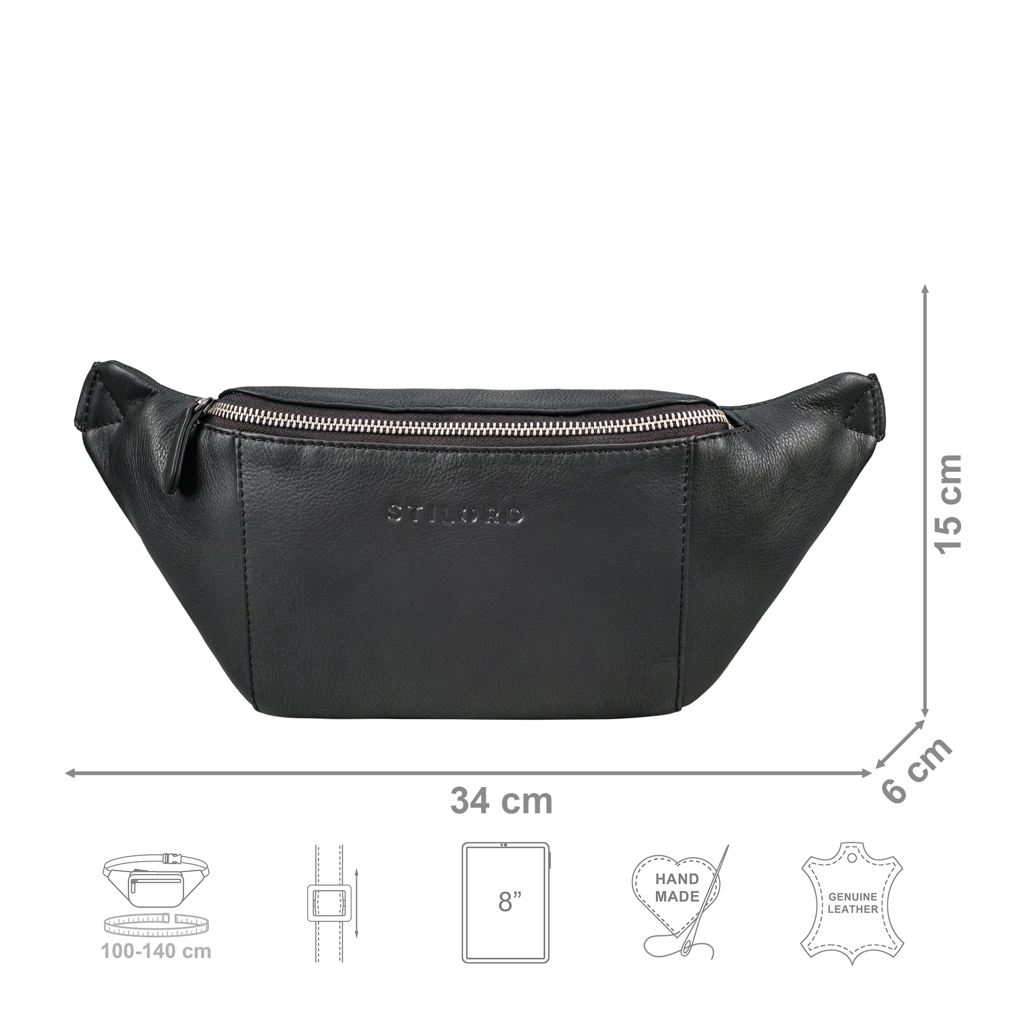 Gürteltasche Vintage Leder schwarz mit Größenangaben und USP Icons