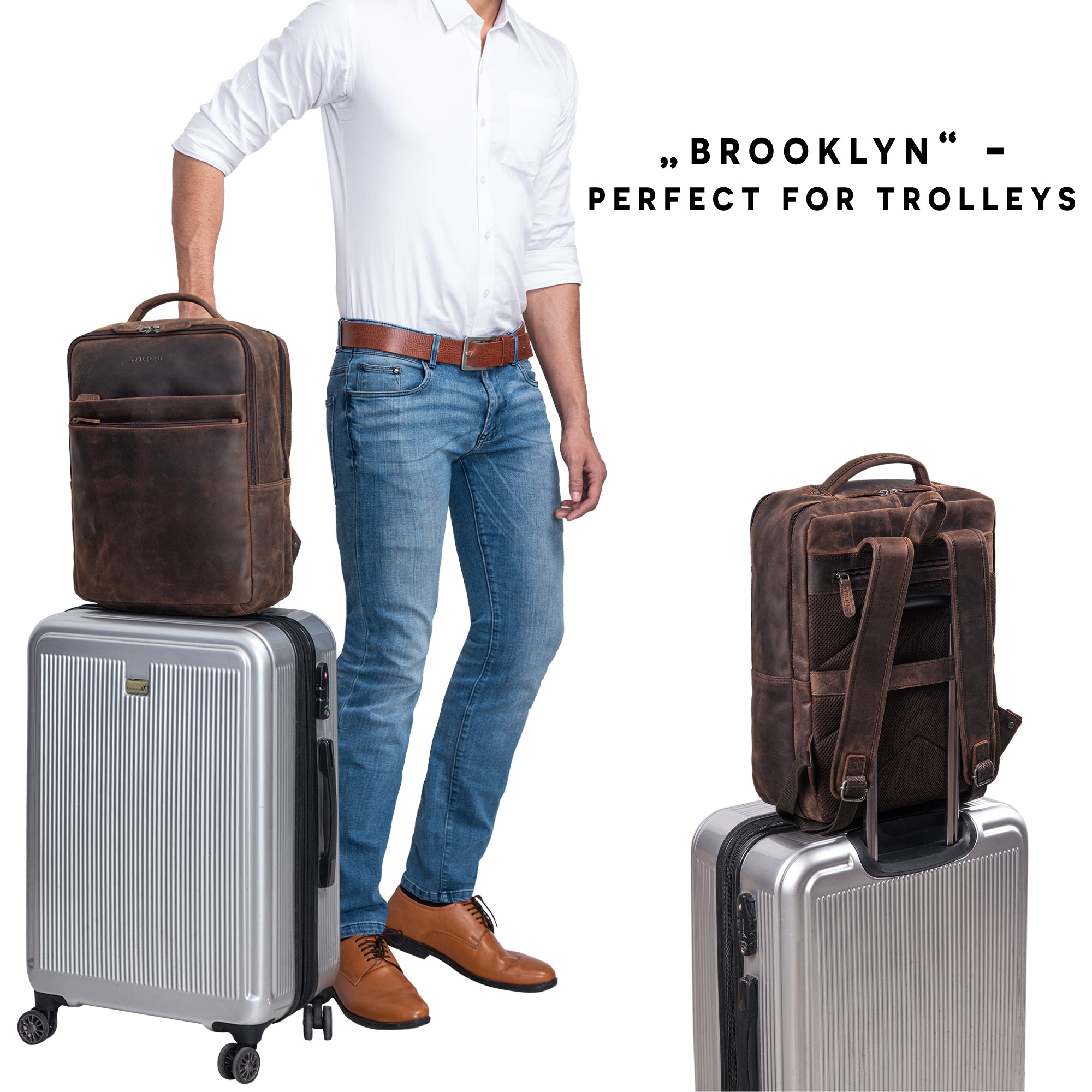 Rucksack mit Trolleyhalter groß Leder