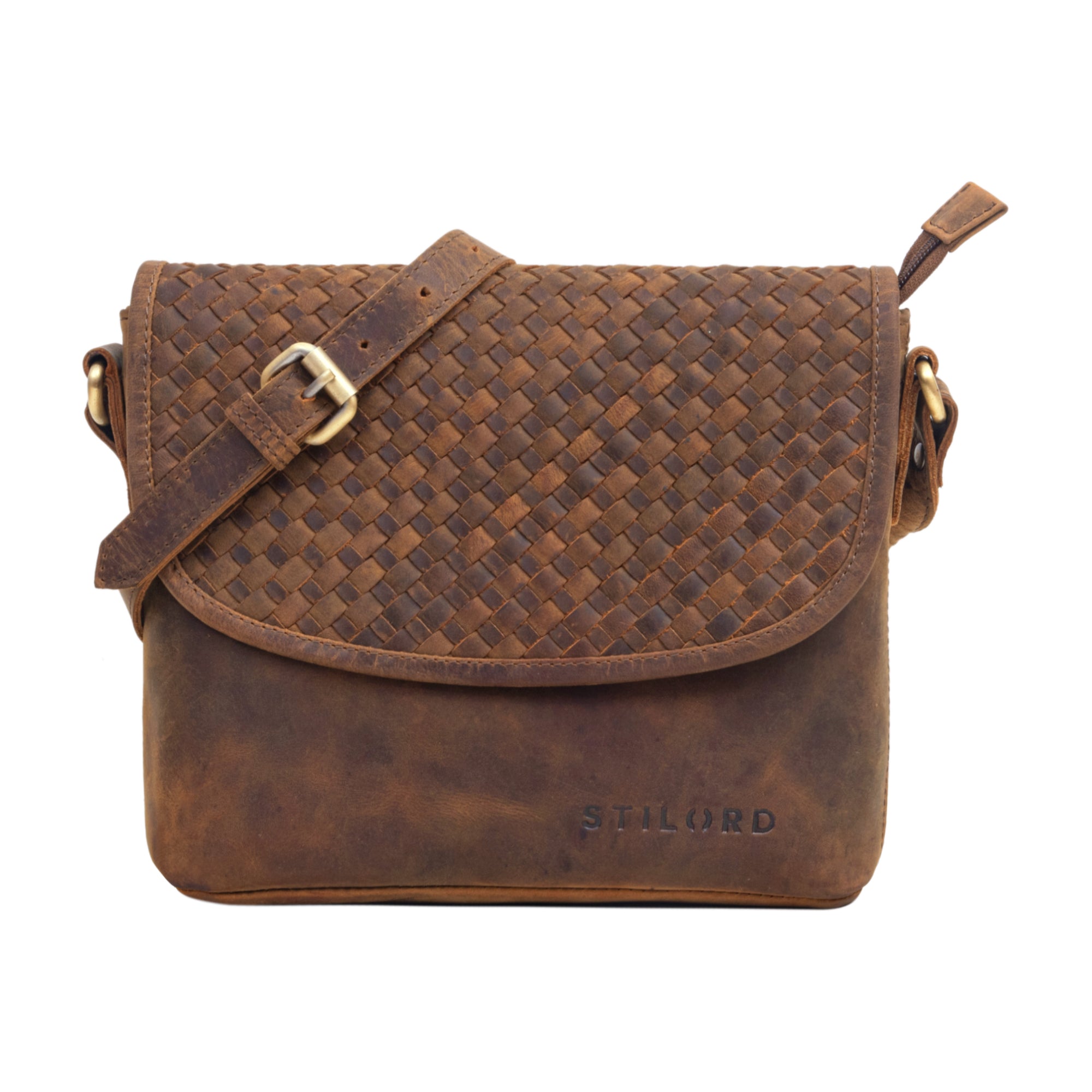 Schultertasche echtes Leder geflochten braun
