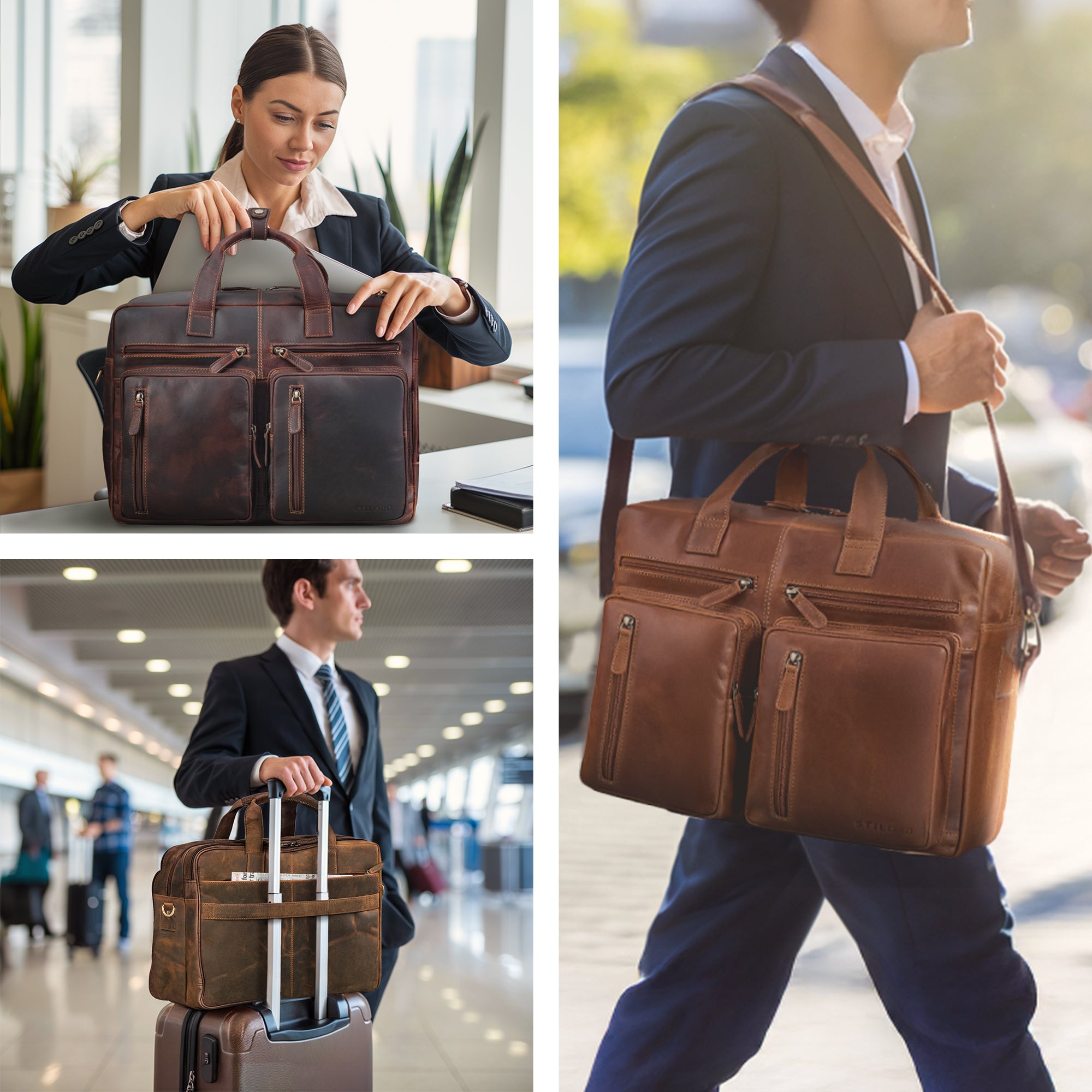 Große Leder Aktentasche Herren und Damen für Business und Reisen mit gepolstertem Laptopfach für 17,3 Zoll