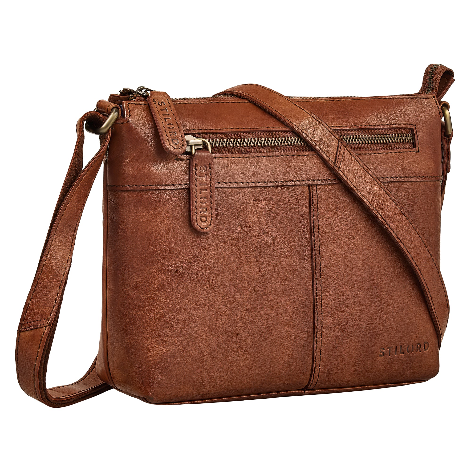 Kleine Ledertasche Damen Cognac mit Reißverschluss & Gurt für 8 Zoll