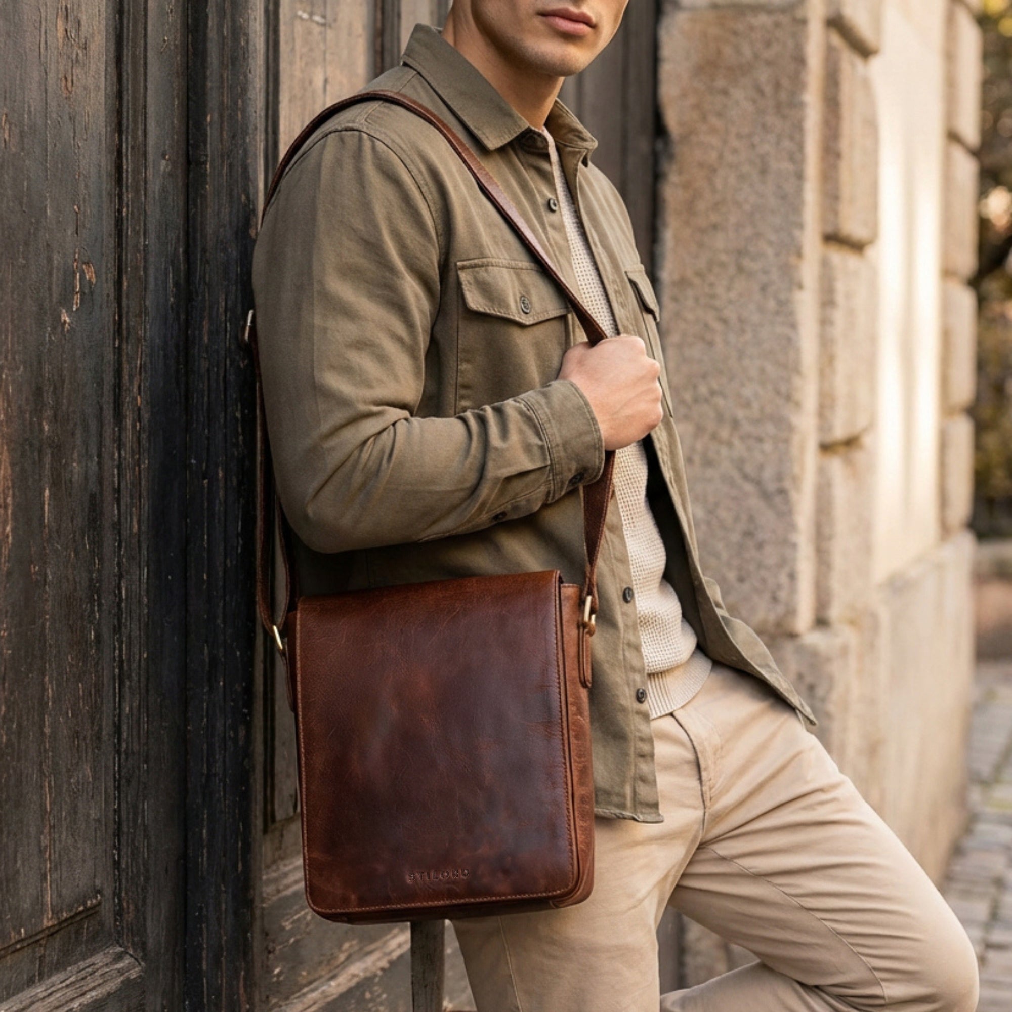 Umhängetasche Herren echtes Leder cognac