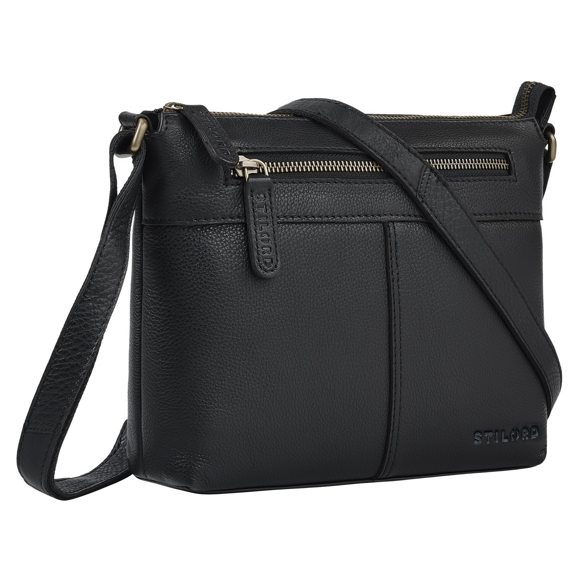 Schwarze Kleine Ledertasche Damen mit Reißverschluss & Gurt für 8 Zoll