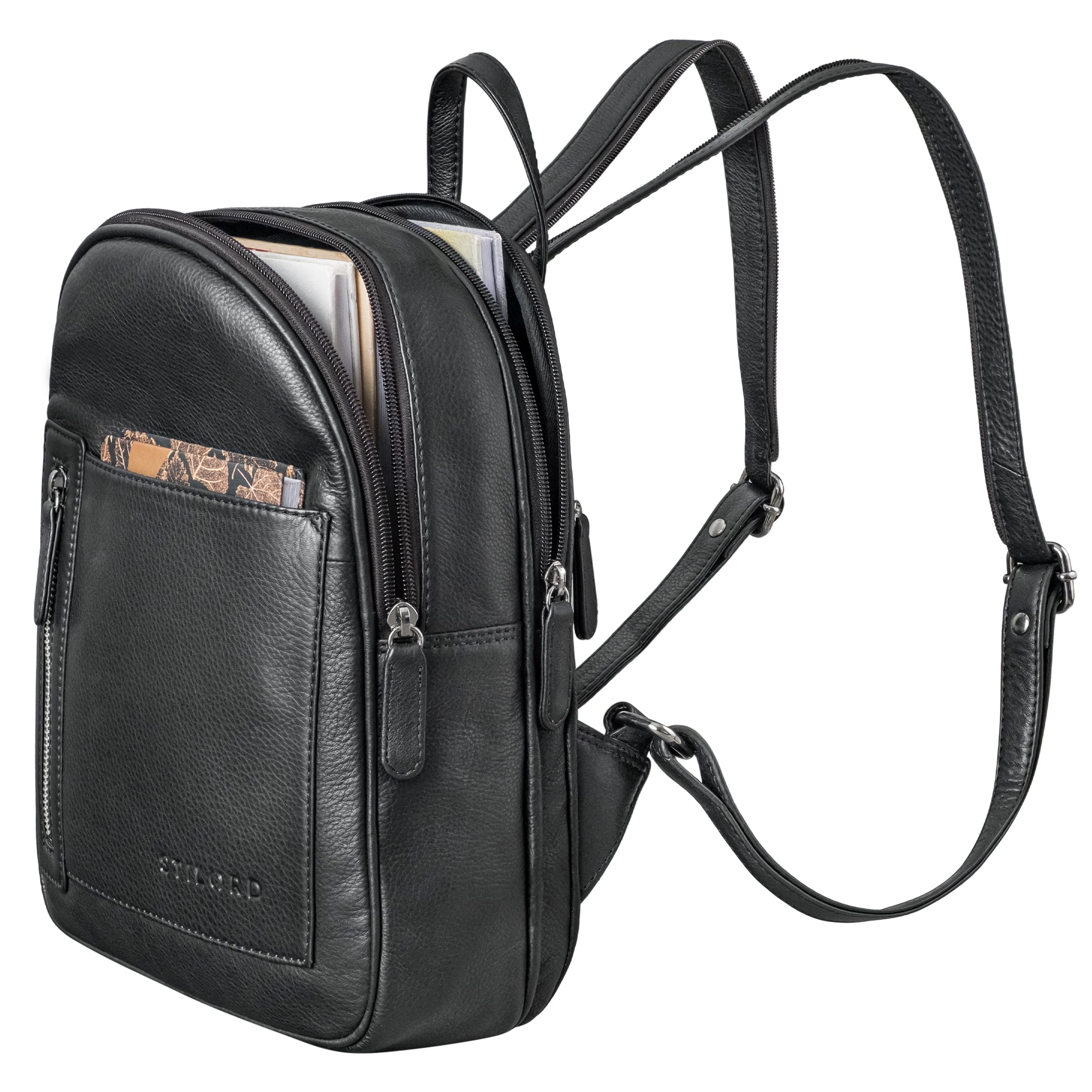 Multifunktionaler Lederrucksack Damen schwarz tragbar als Crossbody Bag