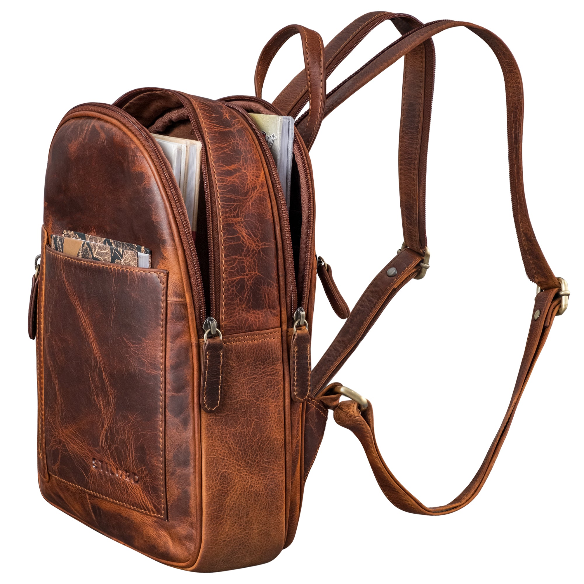Multifunktionaler Lederrucksack Damen cognac tragbar als Crossbody Bag
